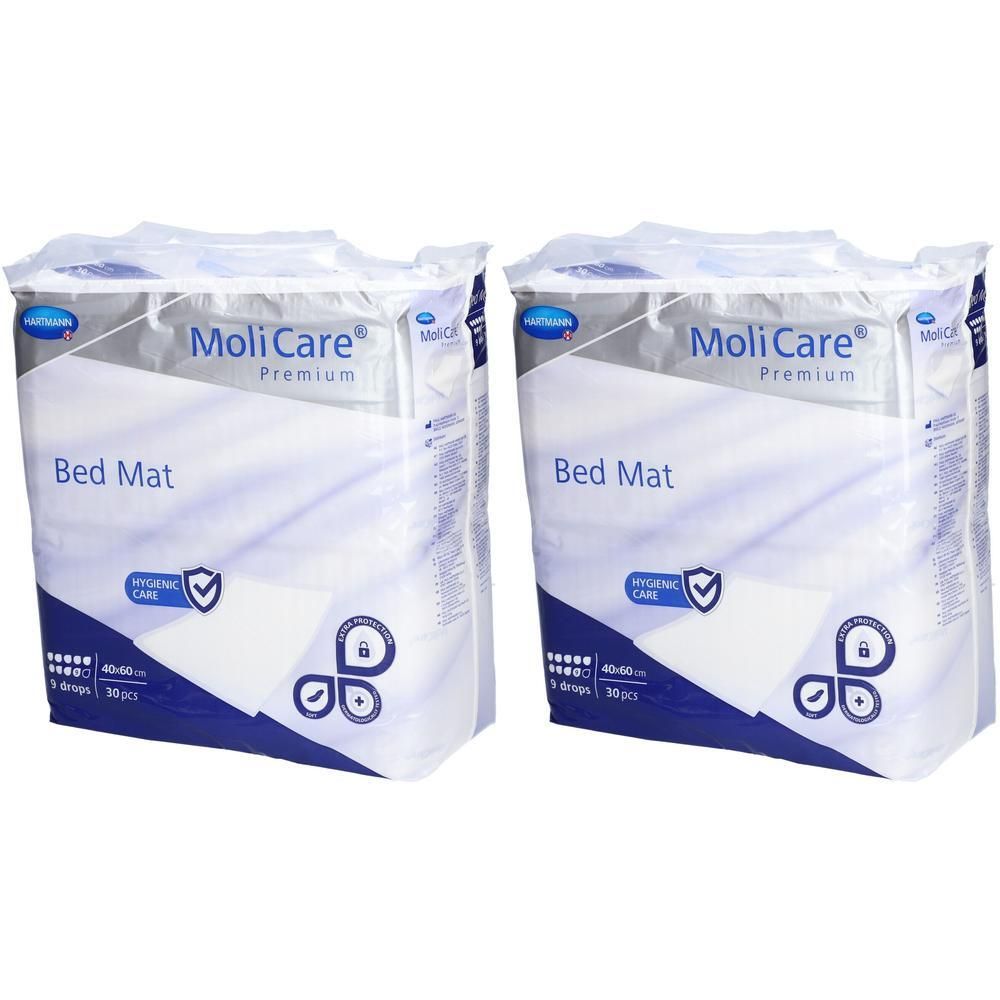 Zwei Packungen MoliCare Premium Bettauflagen, 40x60 cm, je 30 Stück.