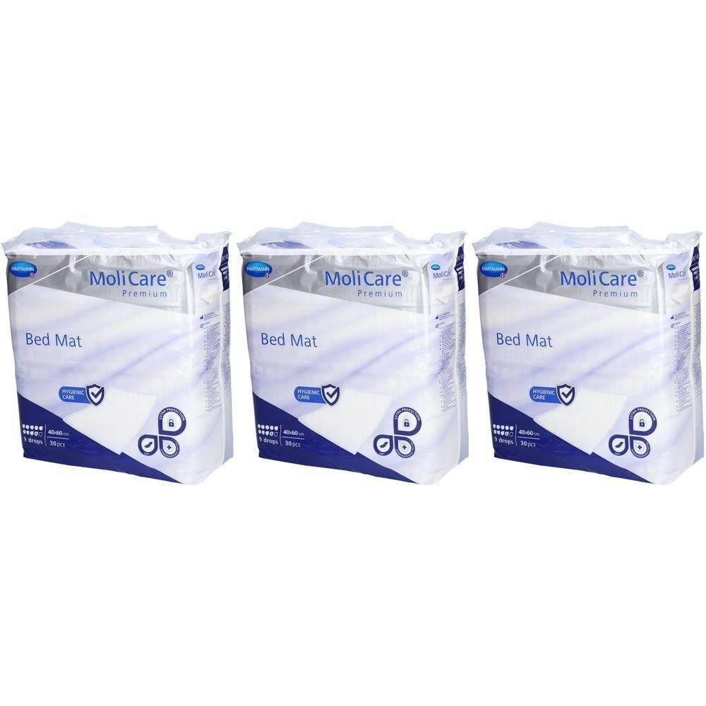 Drei Packungen MoliCare Premium Bettauflagen, 40x60cm.