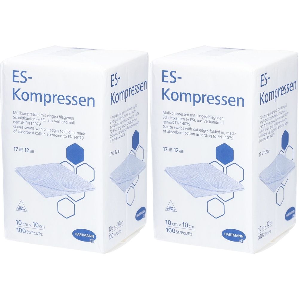 Zwei Packungen ES-Kompressen. Aufdruck: 10x10 cm, 100 Stück. Marke: HARTMANN. Produktbeschreibung und Abbildungen von Kompressen.