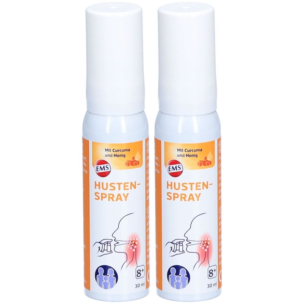 Deux flacons de spray blancs avec des étiquettes orange. Inscription: HUSTEN-SPRAY, logo EMS, Mit Curcuma und Honig. Illustration d'une gorge.