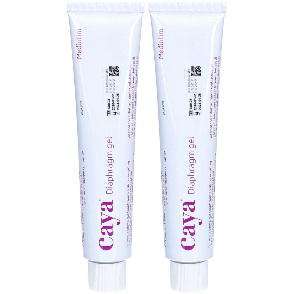 Deux tubes de gel Caya Diaphragm. Tubes blancs avec texte violet. Inscriptions: Caya, Diaphragm gel, Medintim.