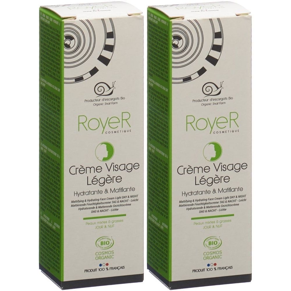 Zwei rechteckige Faltschachteln. Aufdruck: Marke RoyeR, Crème Visage Légère, Bio-Zertifizierung. Grün-weißes Design mit Schnecken-Logo.