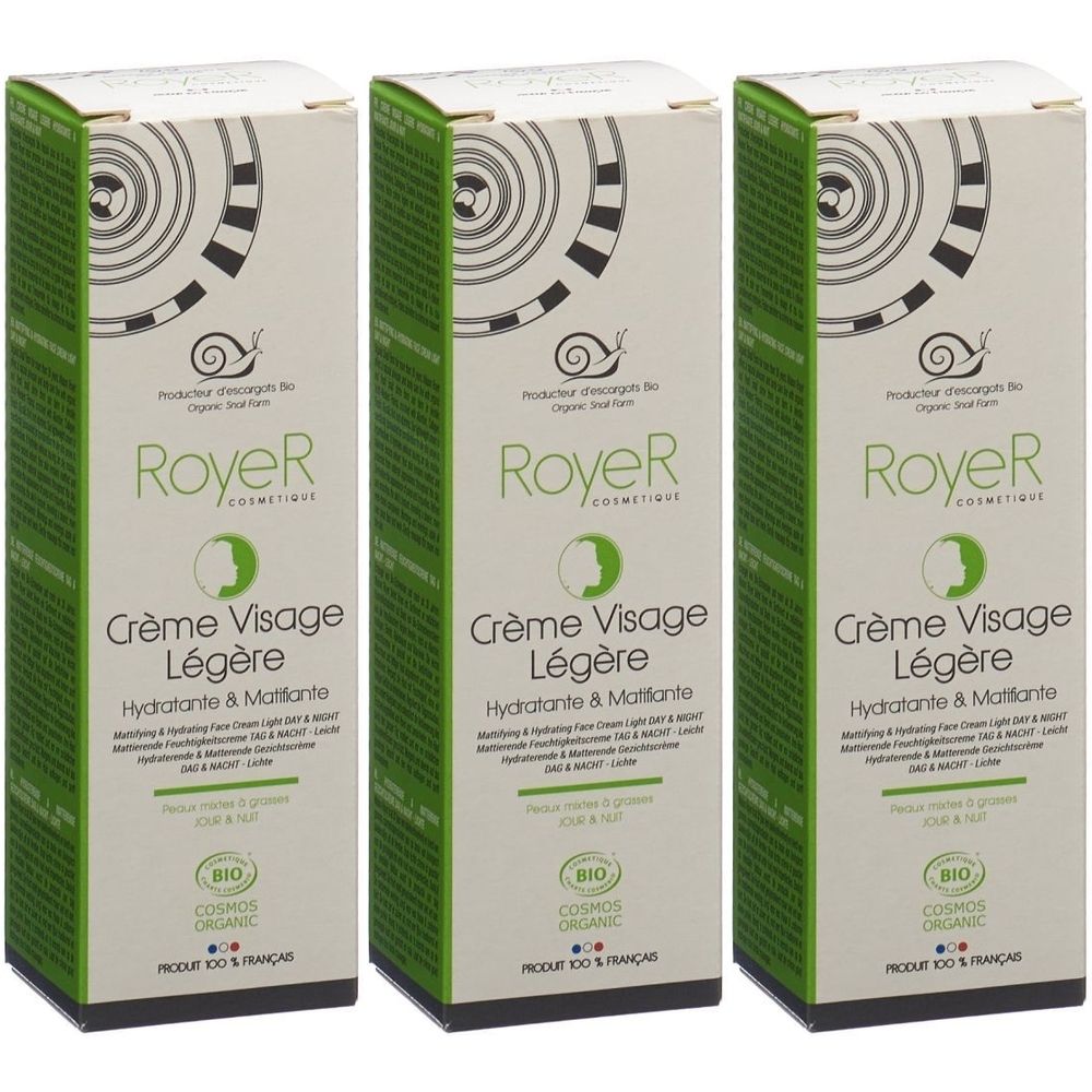 Drei identische Faltschachteln. Aufschrift: Royer Crème Visage Légère, Bio-Zertifizierung. Grün-weiße Verpackung mit Schnecken-Logo.
