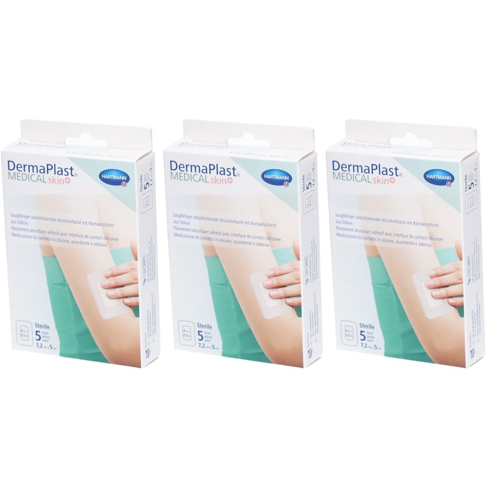 Trois boîtes de pansements Dermaplast Medical Skin+. Chaque boîte montre un pansement sur un bras.