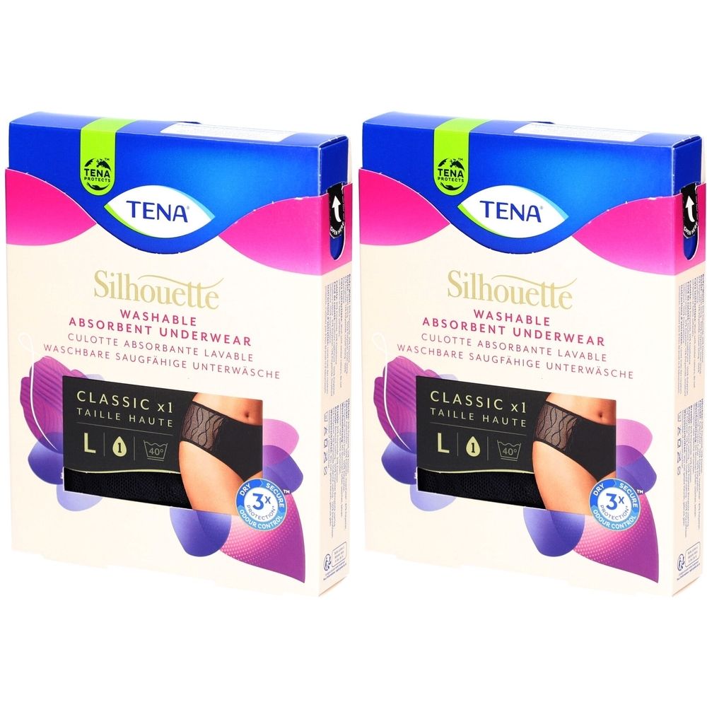 Deux boîtes de sous-vêtements TENA Silhouette Classic. Inscriptions : Lavable, taille L, noir, Classic x1.