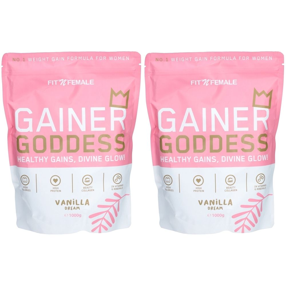 Zwei rosa Beutel mit der Aufschrift "Gainer Goddess". Aufschrift: "Vanilla Dream".