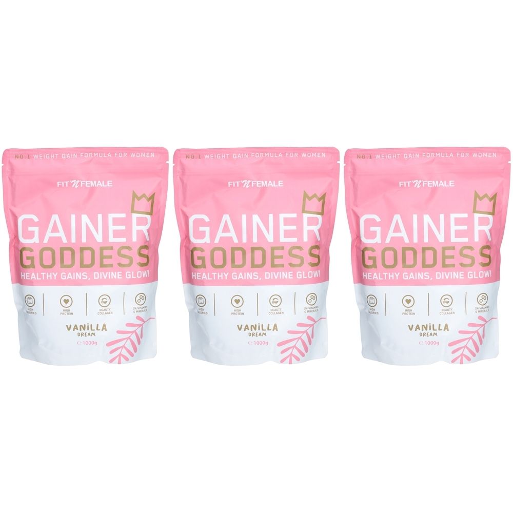 Drei rosa Beutel mit der Aufschrift "Gainer Goddess" und "Vanilla Dream".