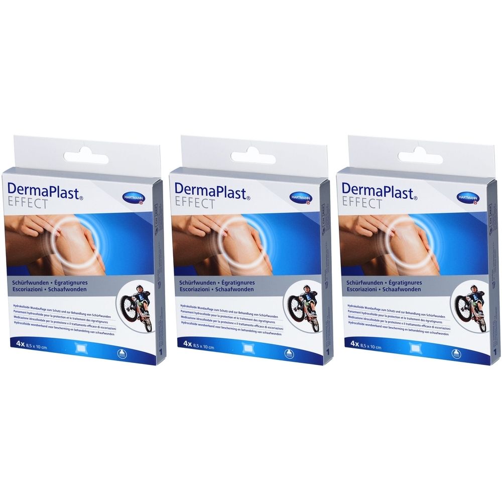 Drei Schachteln DermaPlast Effect. Auf jeder Schachtel ist ein Knie abgebildet, umkreist von einem weißen Kreis. Darunter ein Fahrradfahrer.