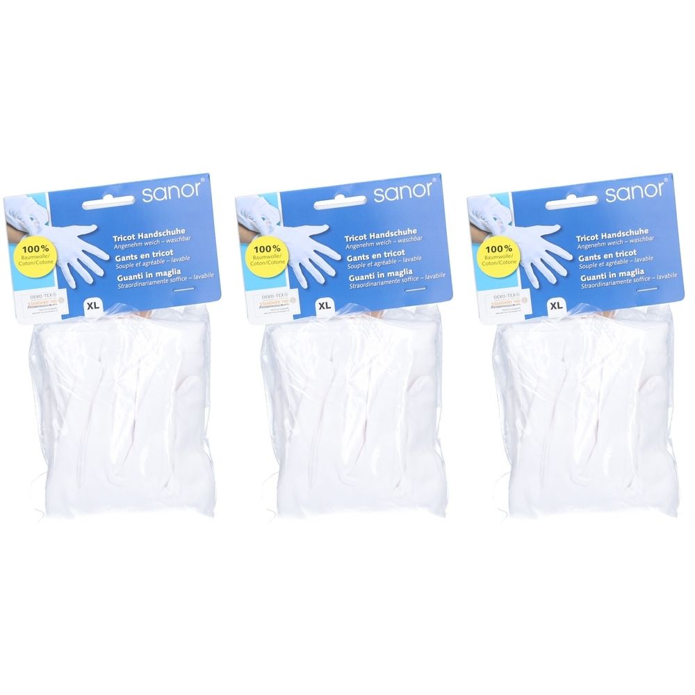 Drei Packungen Strickhandschuhe XL in Folienverpackung. Auf jeder Packung ist der Markenname SANOR zu sehen.