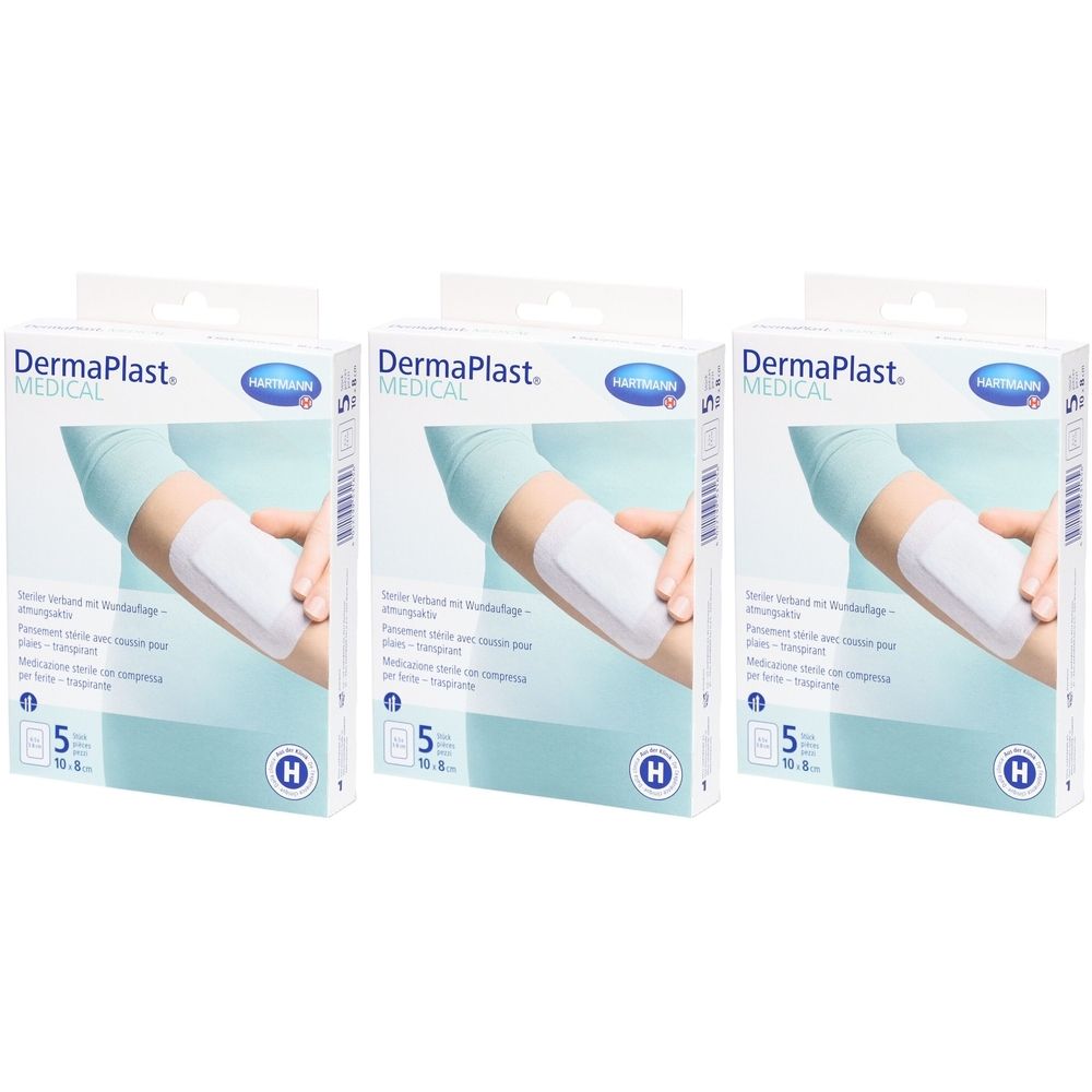 Drei Packungen Verbandsmaterial. Auf jeder Packung ist ein Arm mit einem Verband abgebildet. Der Name DermaPlast ist sichtbar.