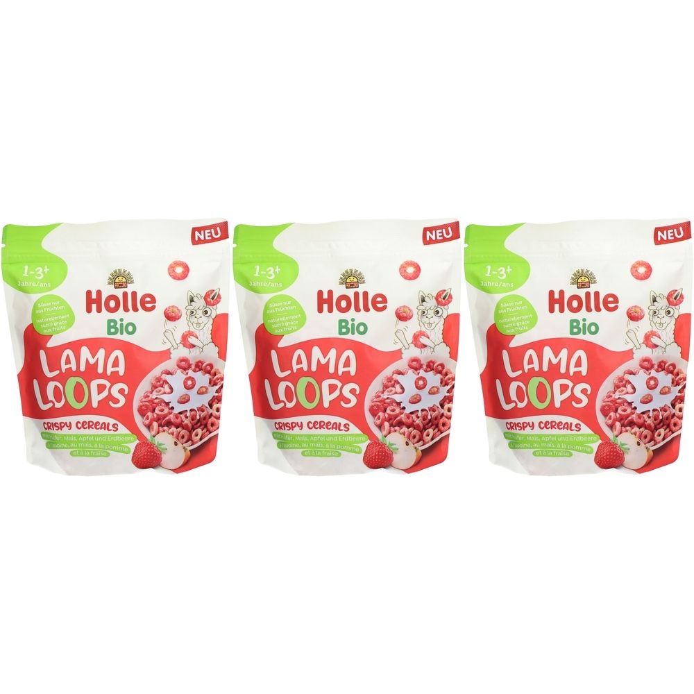 Drei Beutel Holle Bio Lama Loops. Aufschrift: 1-3, Lama Loops, Bio, Erdbeere-Apfel. Mit dem Hinweis "NEU".