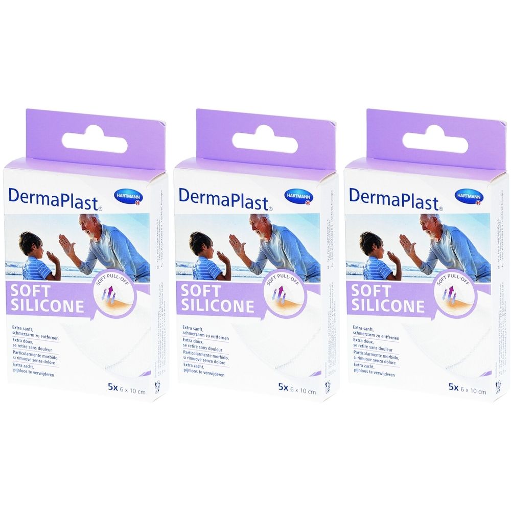 Drei Packungen DermaPlast Soft Silicone Pflaster. Verpackung mit lila Aufhängung, Bild von Mann und Kind. 5x 10 cm.