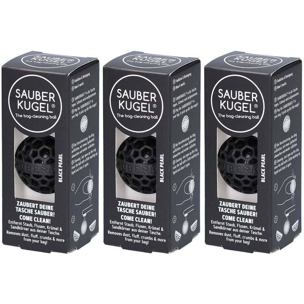 Drei schwarze SAUBERKUGEL Taschenreiniger in Verpackungen. Jede Kugel hat eine wabenartige Struktur. Auf den Verpackungen steht "BLACK PEARL".