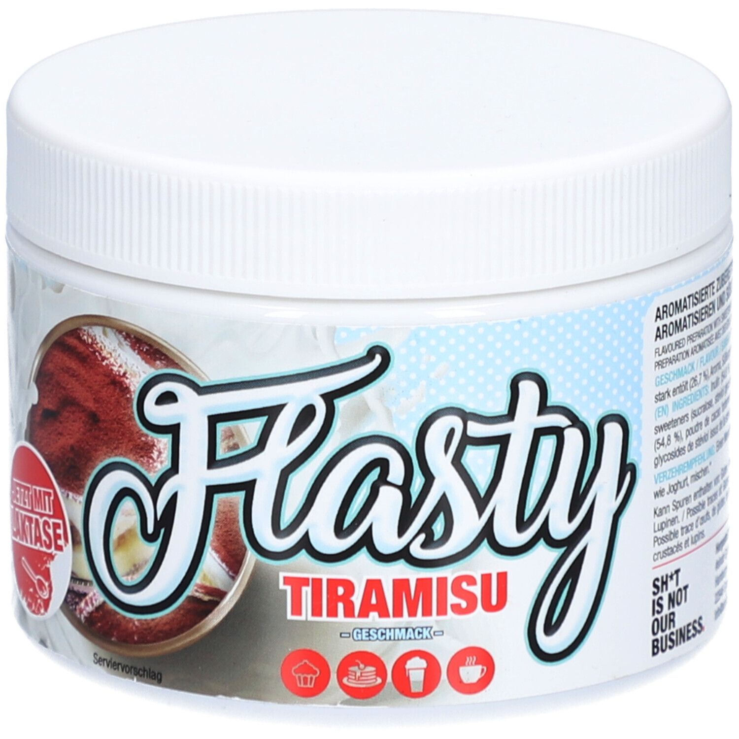 Récipient blanc et rond avec étiquette Flasty Tiramisu. Contient une image de tiramisu et l'inscription "GESCHMACK".