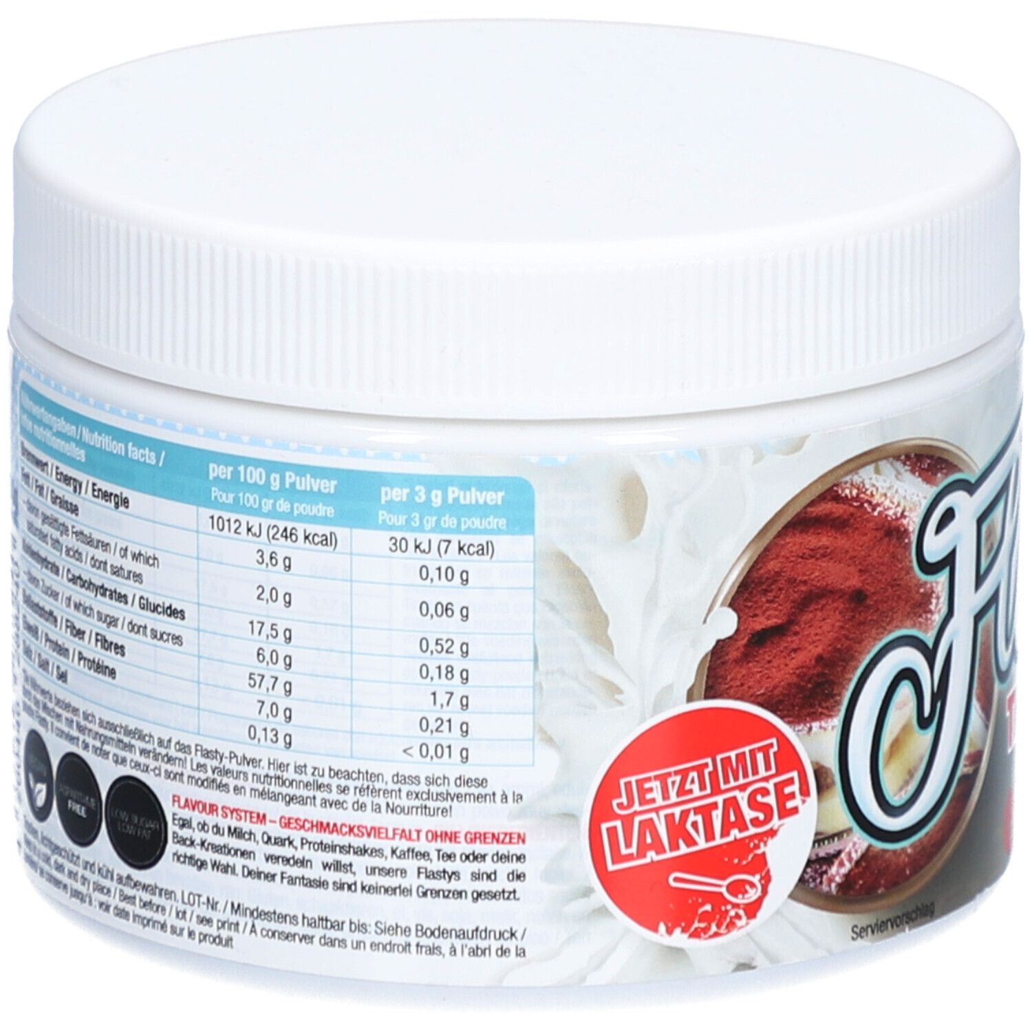 Récipient blanc et rond avec informations nutritionnelles et autocollant "JETZT MIT LAKTASE". Contient des informations par portion.