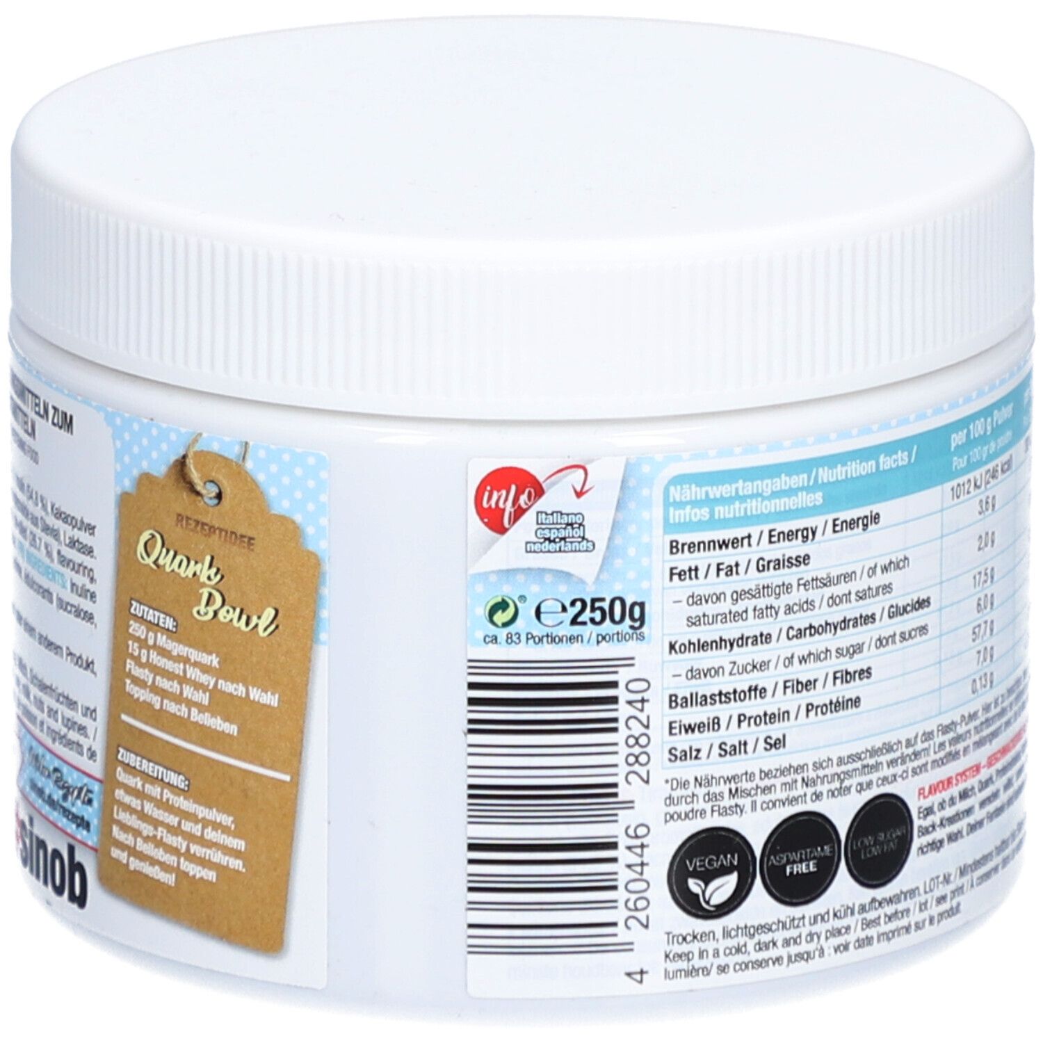 Récipient blanc et rond avec informations nutritionnelles et étiquette "Quark Bowl". Contient des informations et un code-barres.