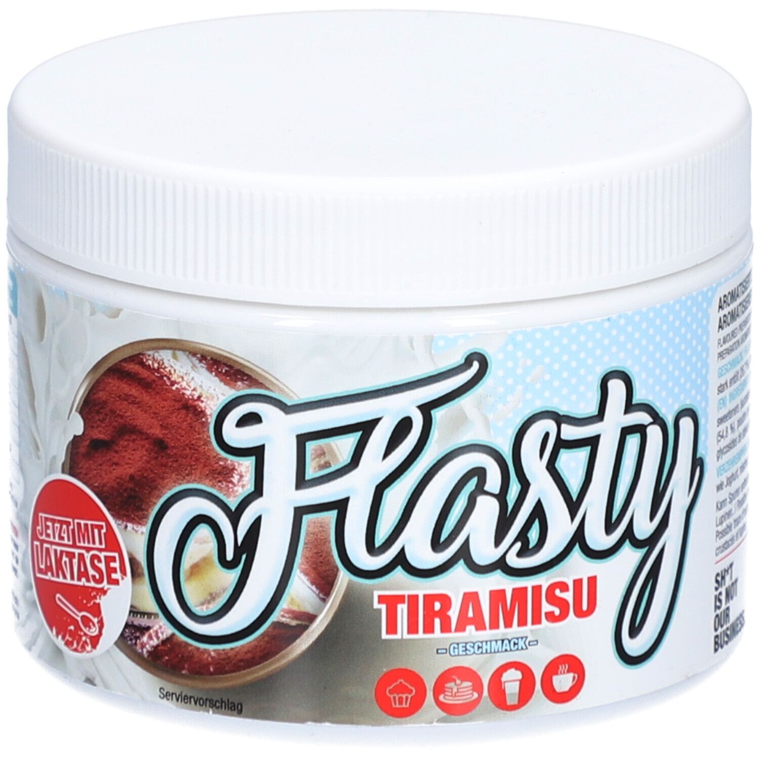 Récipient blanc et rond avec étiquette Flasty Tiramisu et autocollant "JETZT MIT LAKTASE". Image de tiramisu.