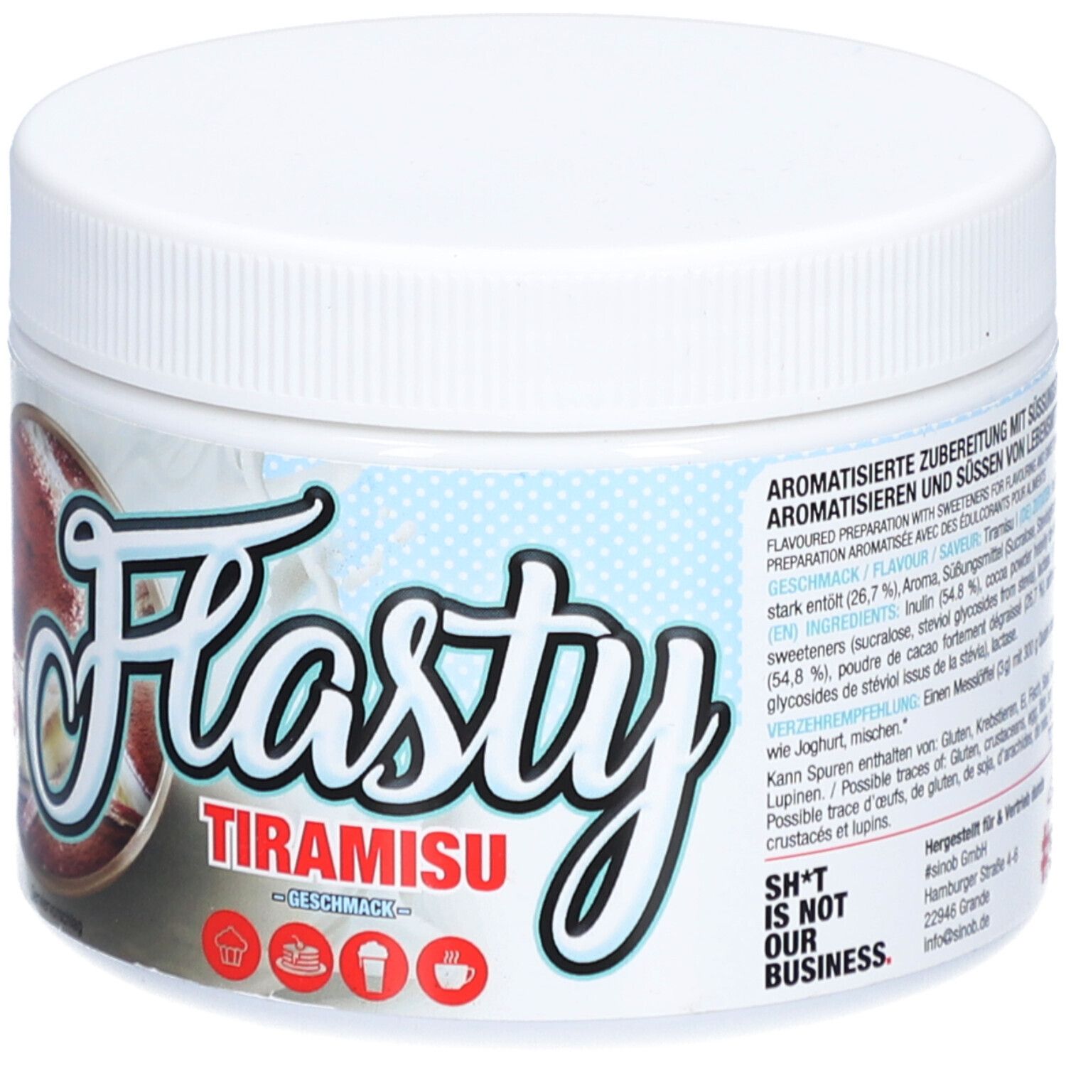 Récipient blanc et rond avec étiquette Flasty Tiramisu. Contient des informations sur la préparation et les ingrédients.