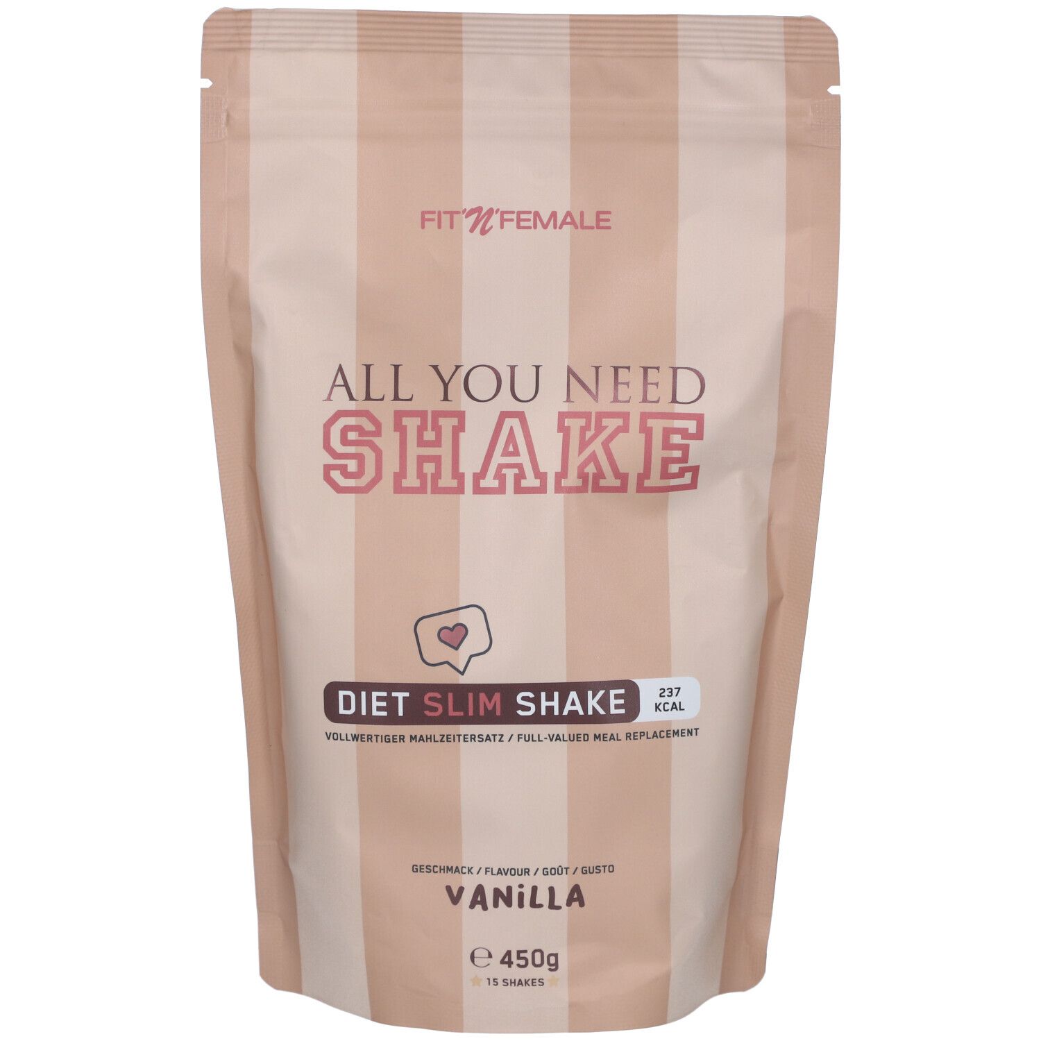 Beutel mit "All you need Shake" und "Vanilla" Schriftzug. Streifenmuster, rosa und beige. Marke: Fit'n Female.