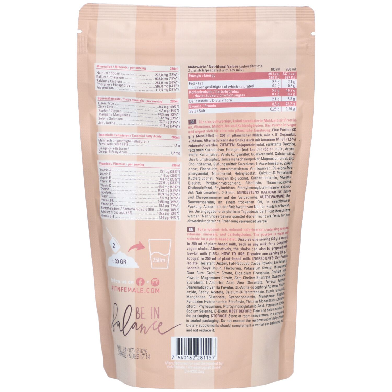 Rückseite der "All you need Shake" Verpackung. Enthält Nährwertangaben, Zutatenliste und Zubereitungshinweise.