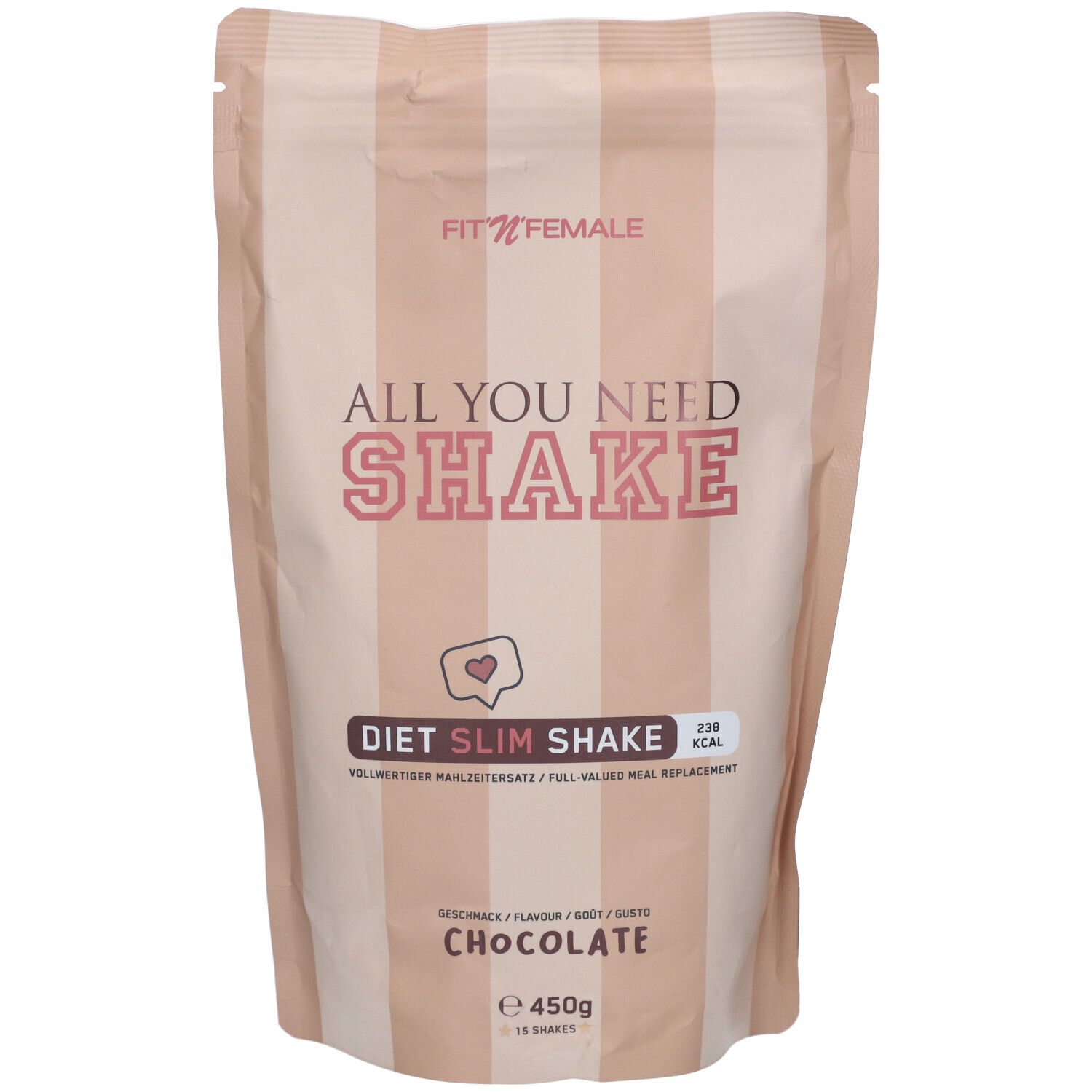 Beutel mit "ALL YOU NEED SHAKE". Rosa-weiß gestreift. "DIET SLIM SHAKE" und "CHOCOLATE" Schriftzug. 450g.