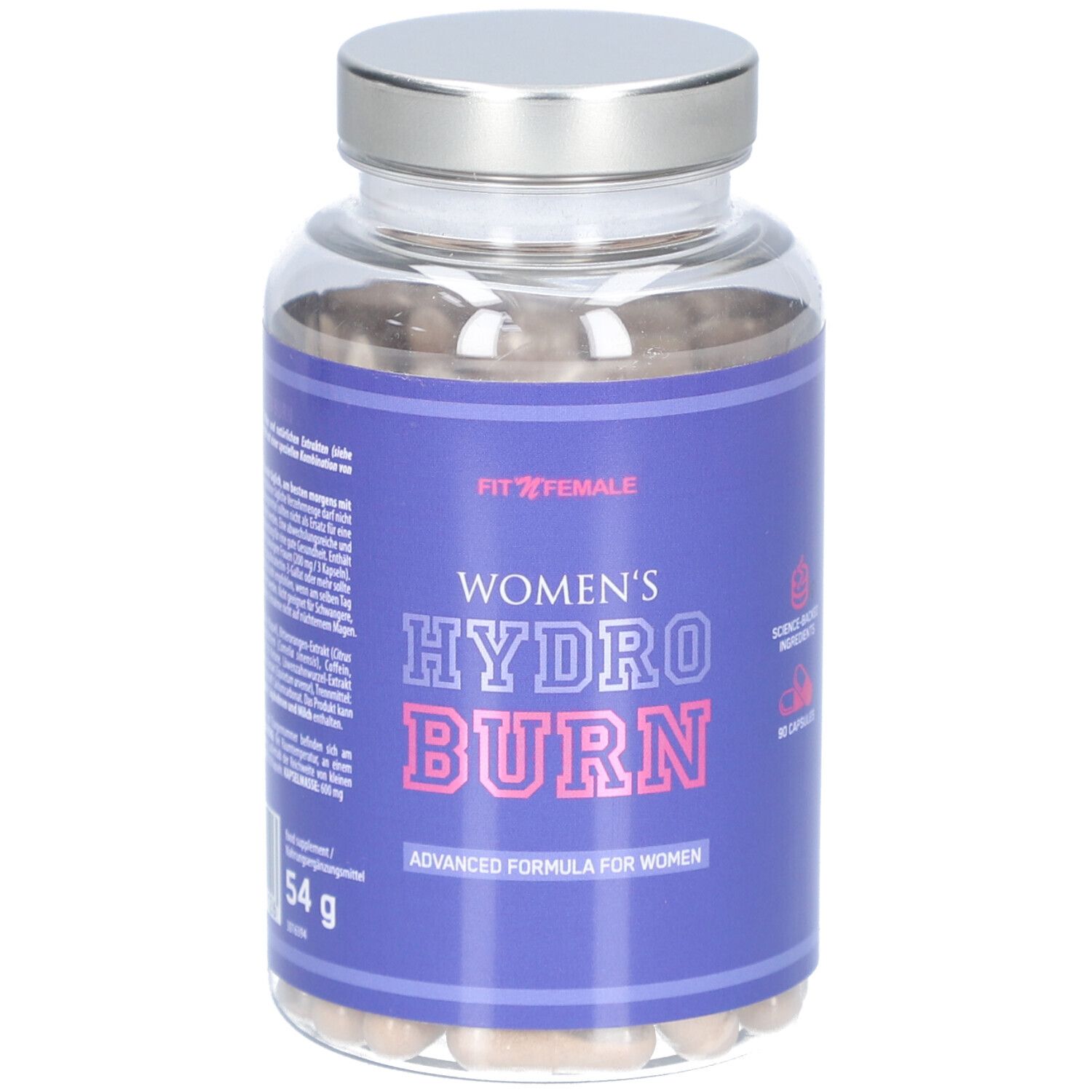Capsules dans un flacon transparent avec couvercle argenté. Inscription: Women's Hydro Burn. 54 g.