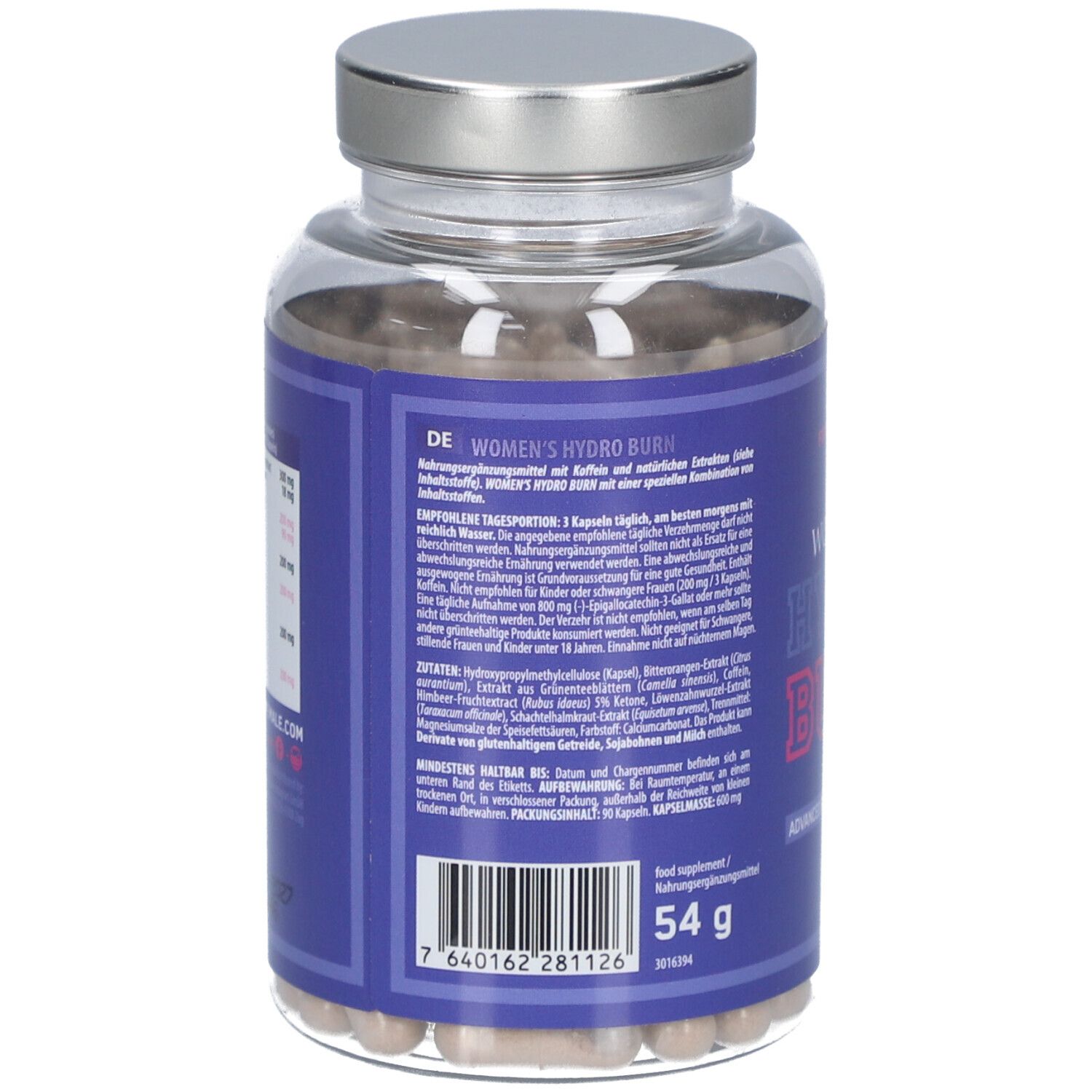 Dos du flacon avec informations. Inscription: Women's Hydro Burn. Ingrédients et informations nutritionnelles.