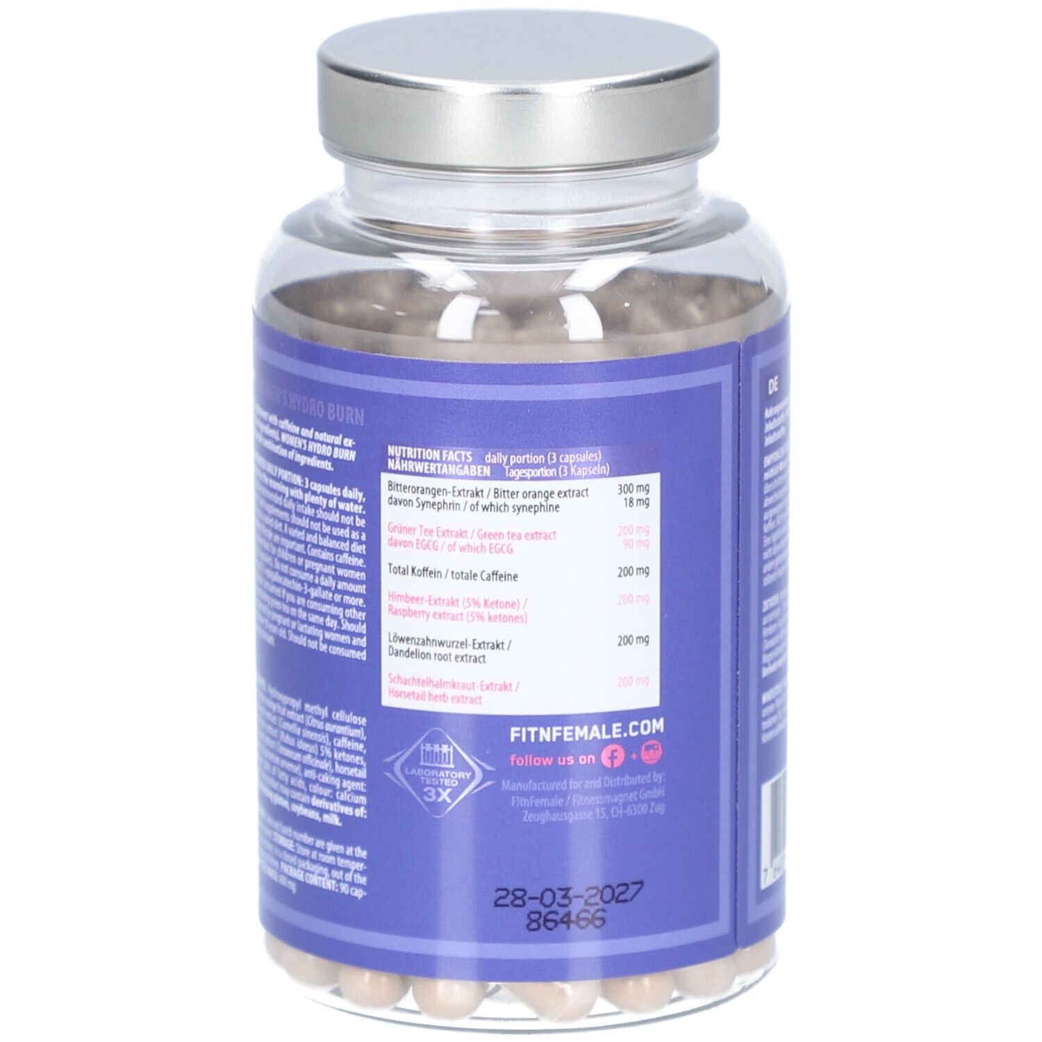 Dos du flacon avec informations nutritionnelles et ingrédients. Inscription: Women's Hydro Burn. Date de péremption.