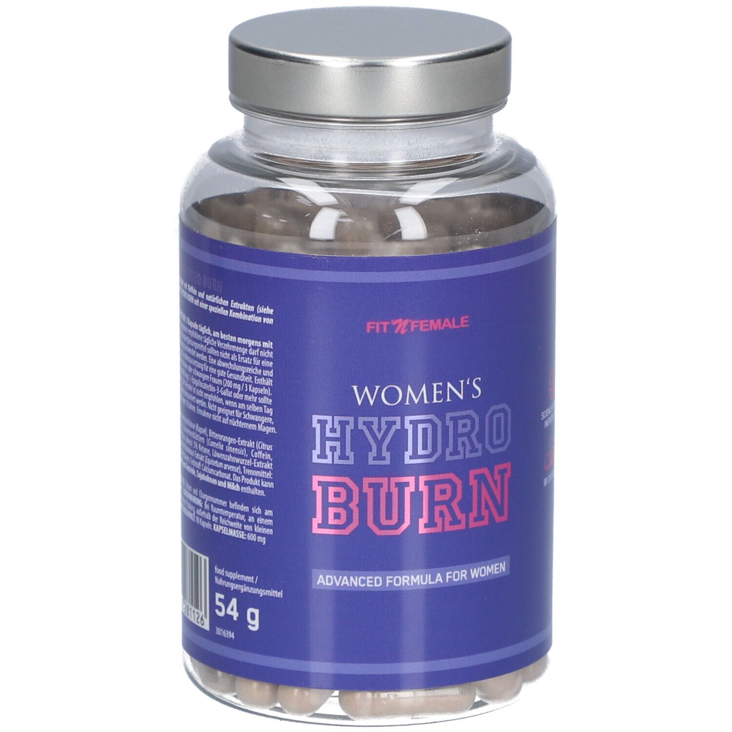Capsules dans un flacon transparent avec couvercle argenté. Inscription: Women's Hydro Burn. 54 g.