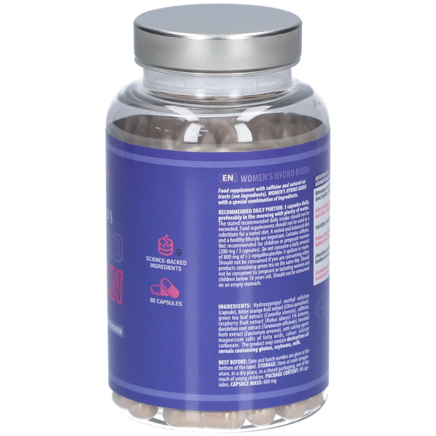 Dos du flacon avec informations. Inscription: Women's Hydro Burn. 90 capsules. Ingrédients et dosage.