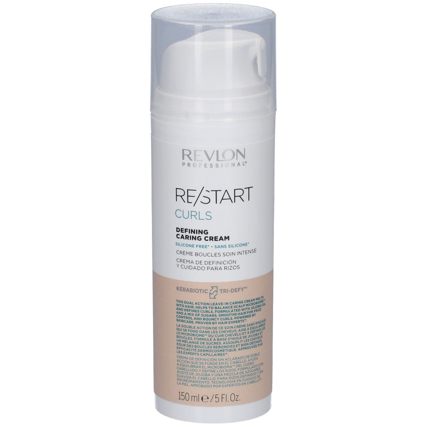 Flacon blanc RE/START CURLS. Crème définissante, 150ml/5 FL.OZ. Bouchon transparent. Zone beige.