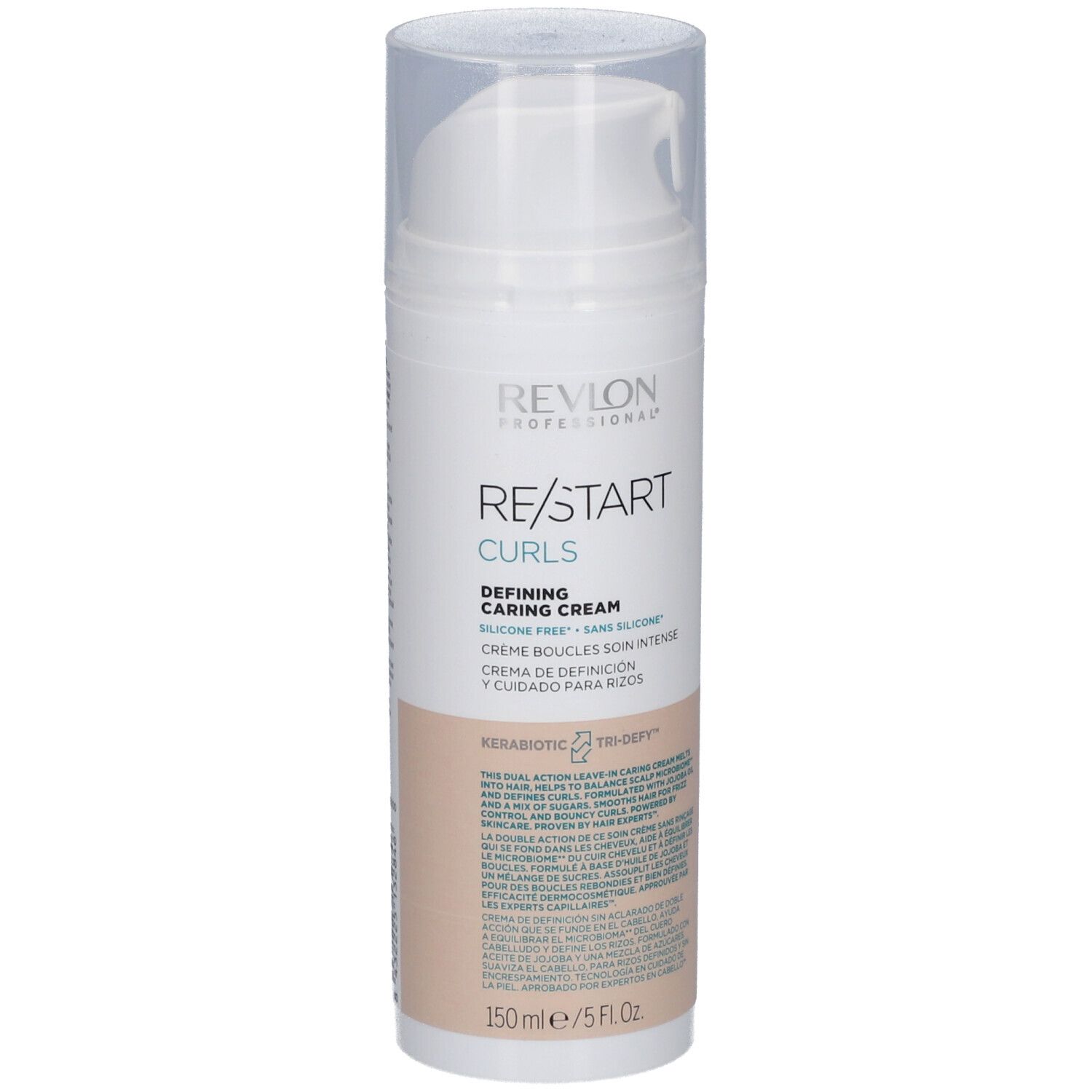 Flacon blanc RE/START CURLS. Crème définissante, 150ml/5 FL.OZ. Bouchon transparent. Zone beige.