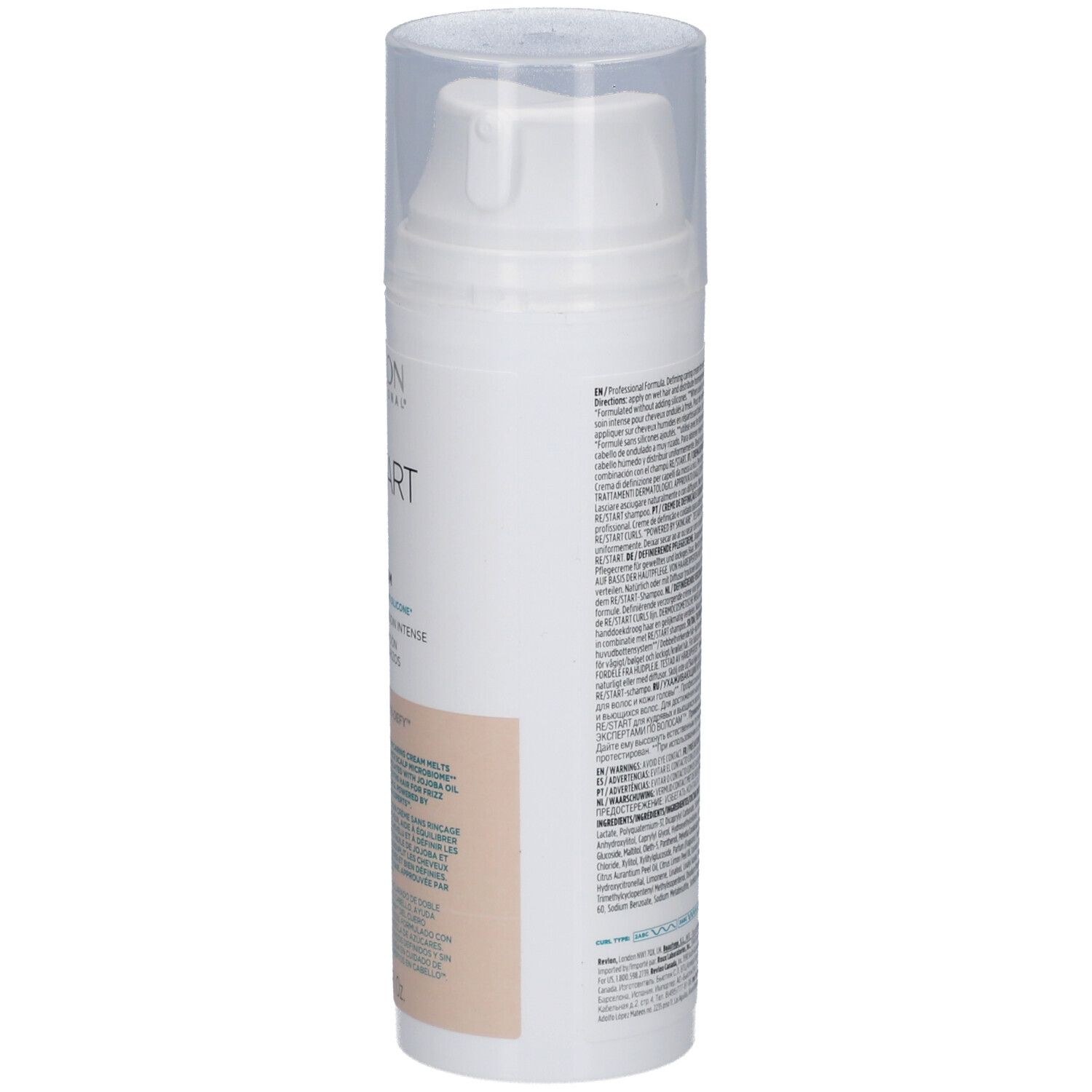 Flacon blanc avec texte. Dos avec texte. Bouchon transparent. Zone beige.