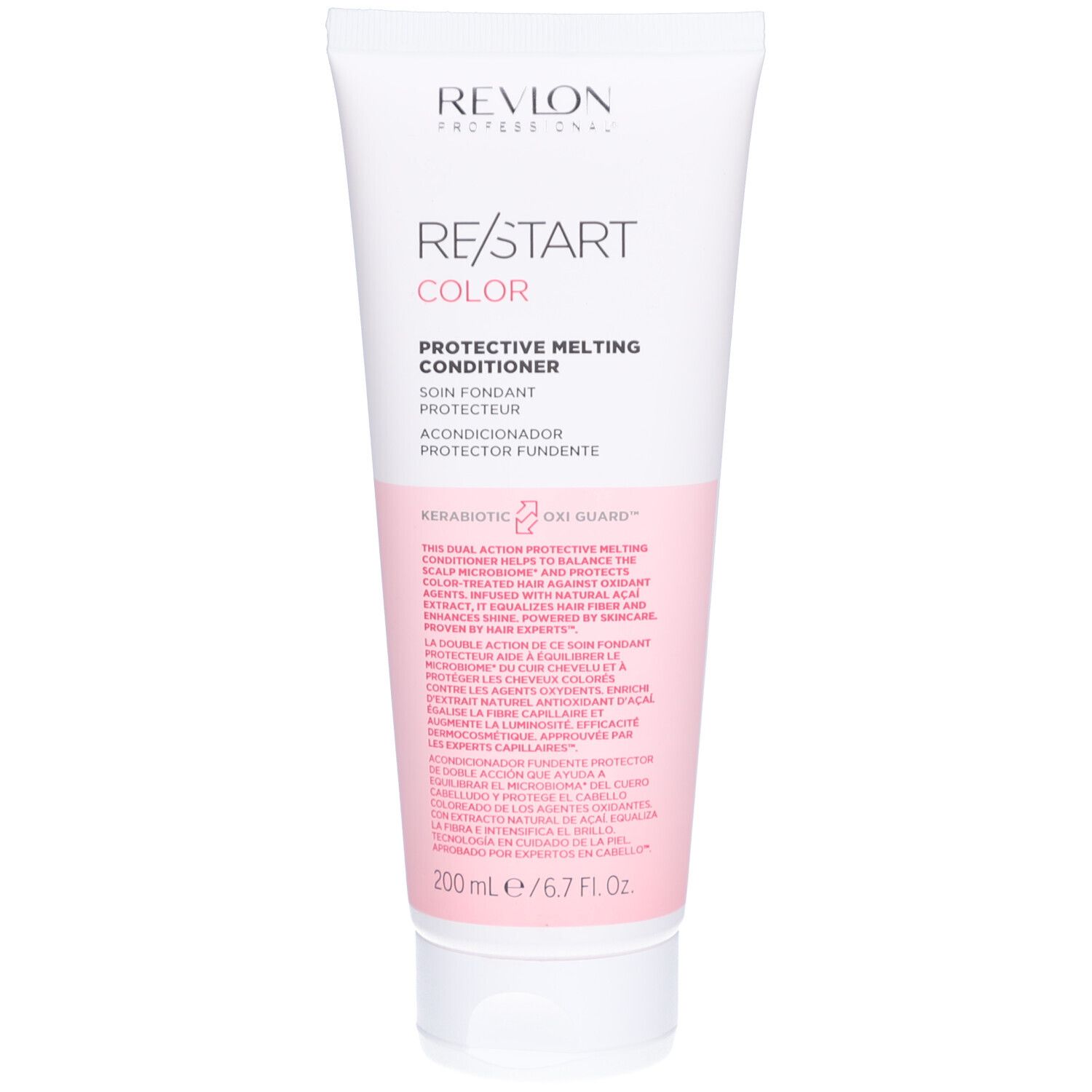 Weiche Tube mit Revlon Re-Start Color Protective Melting Conditioner. Rosa Akzent, Text. 200 ml.