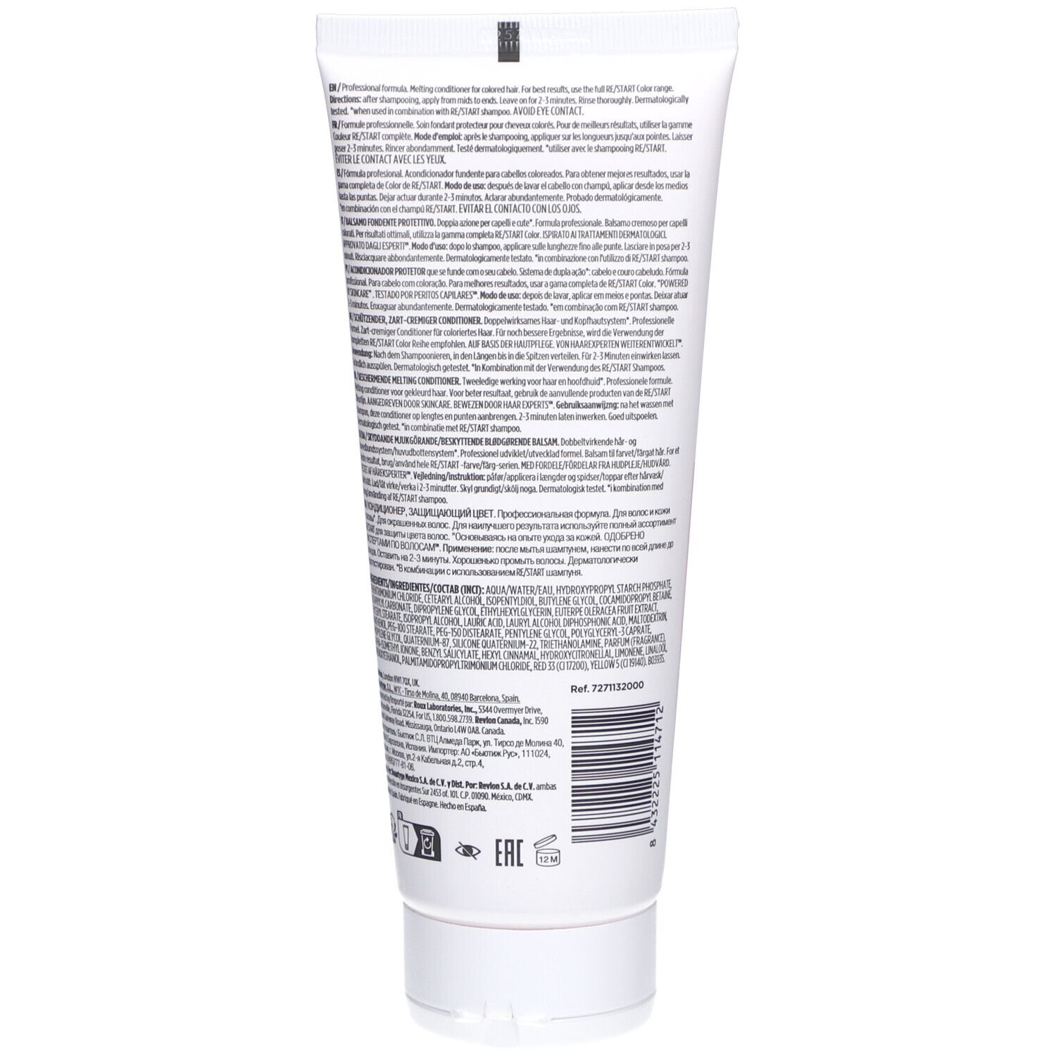 Rückseite der Tube Revlon Re-Start Color Protective Melting Conditioner. Text, Barcode, weiß.