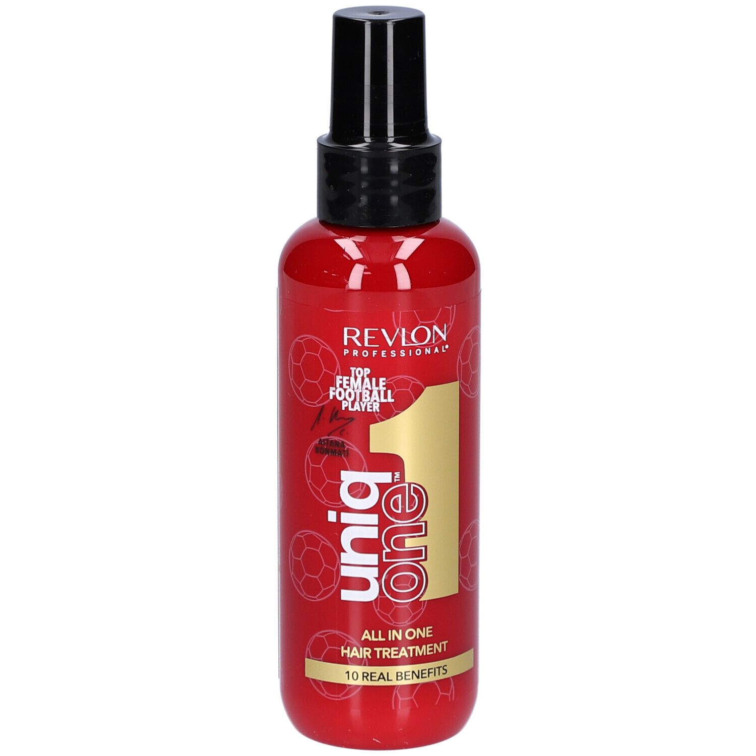 Flacon rouge avec vaporisateur noir. Inscription: Uniq One, All in One Hair Treatment. Revlon Professional.