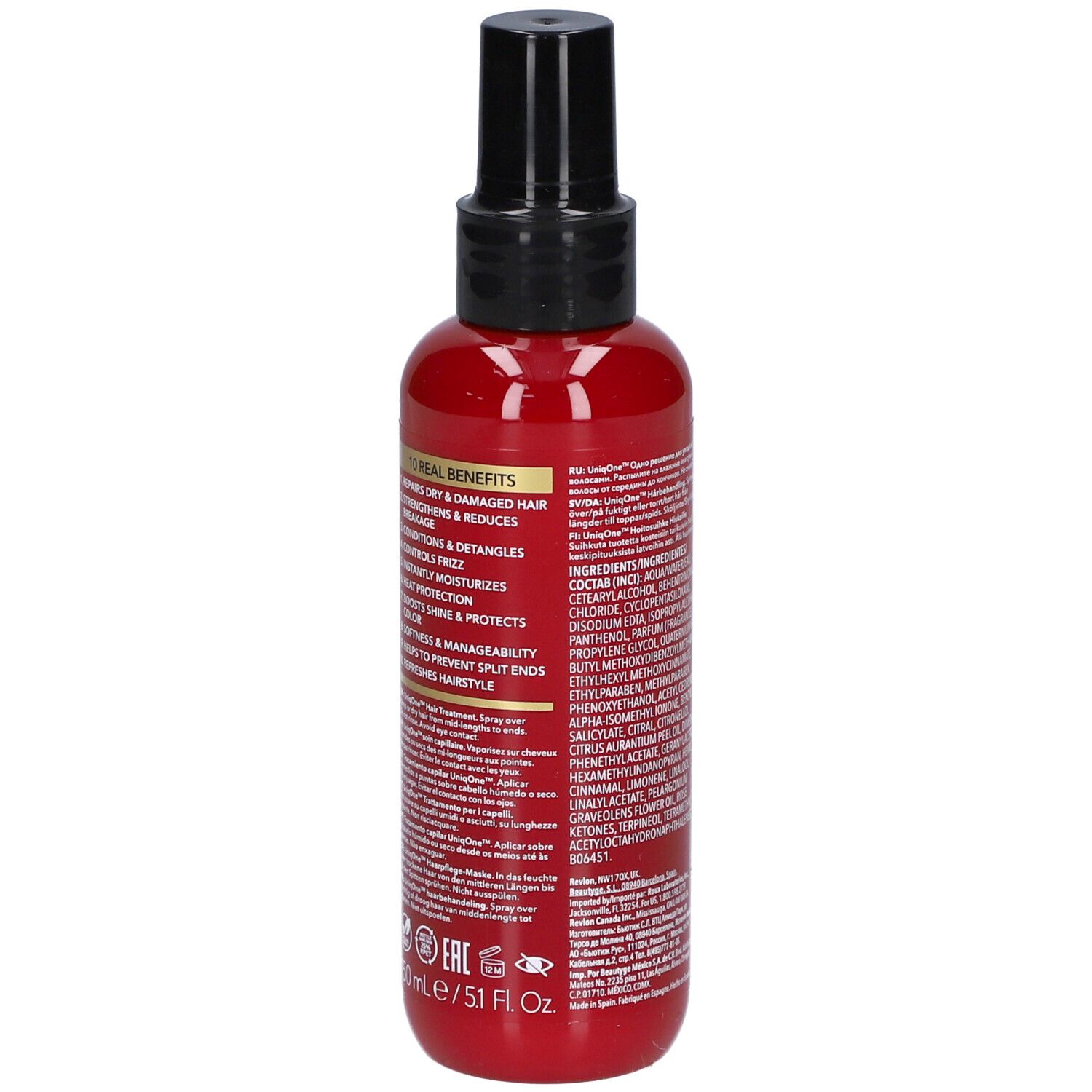 Flacon rouge avec vaporisateur noir. Dos avec avantages et informations. Revlon Professional.