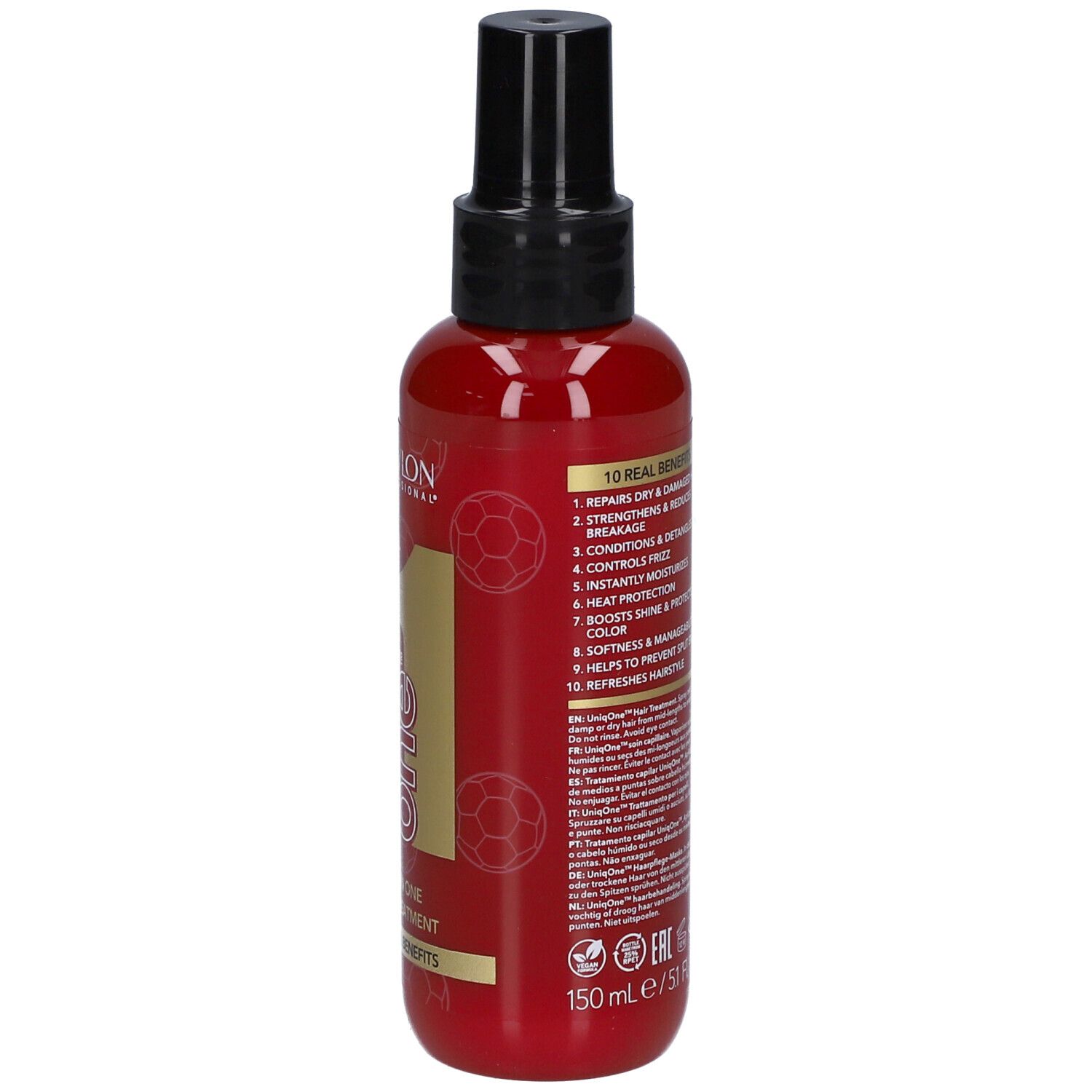 Flacon rouge avec vaporisateur noir. Dos avec avantages et informations. Revlon Professional.