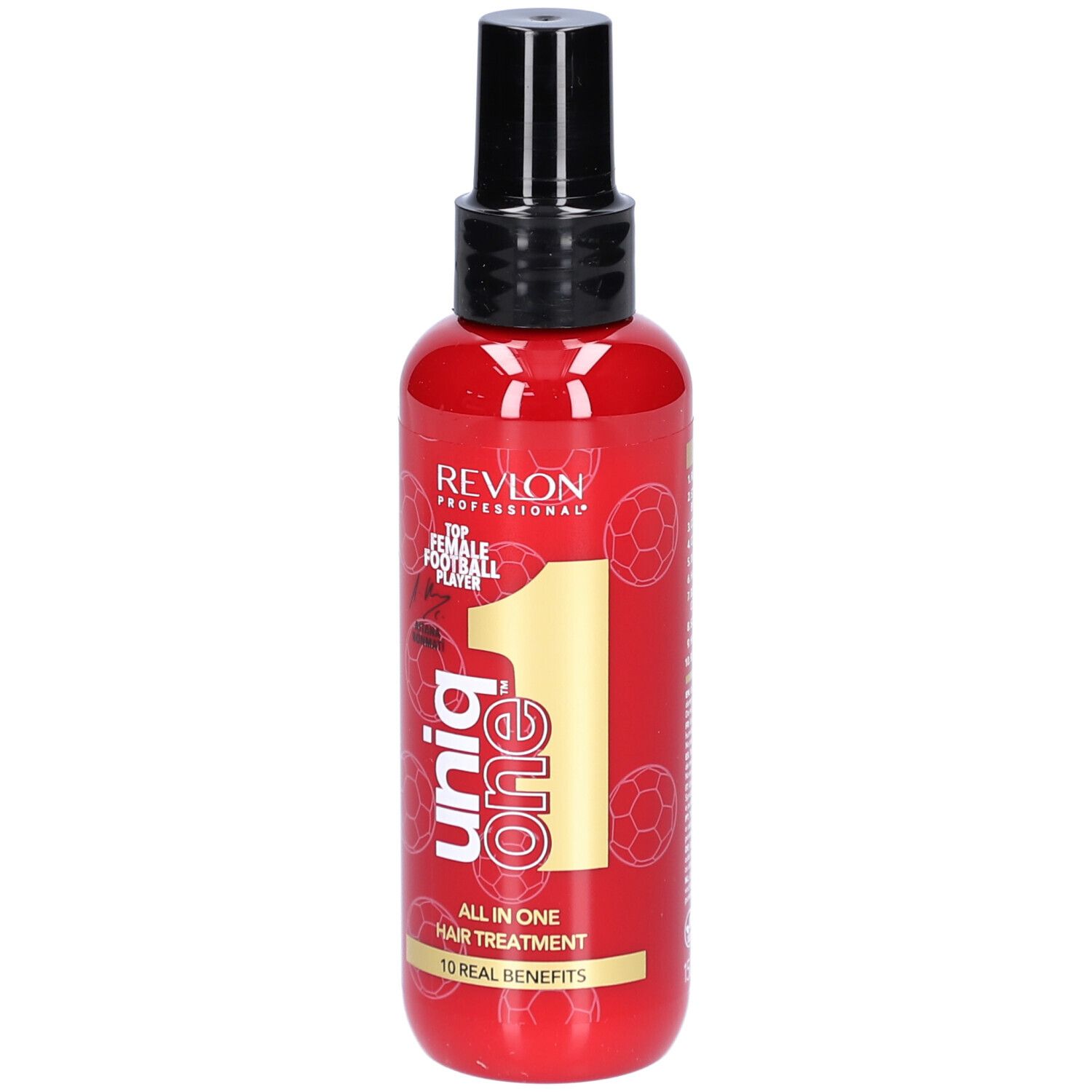 Flacon rouge avec vaporisateur noir. Inscription: Uniq One, All in One Hair Treatment. Revlon Professional.