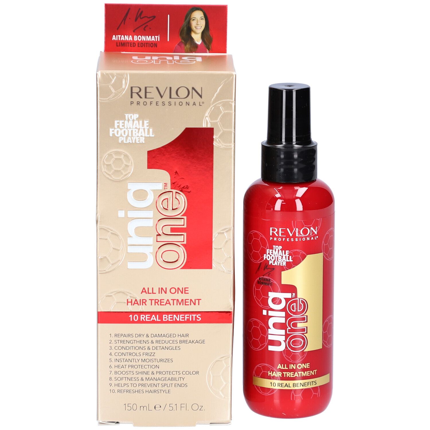 Produit et emballage. Flacon rouge avec vaporisateur noir. Inscription: Uniq One, All in One Hair Treatment. Revlon Professional.