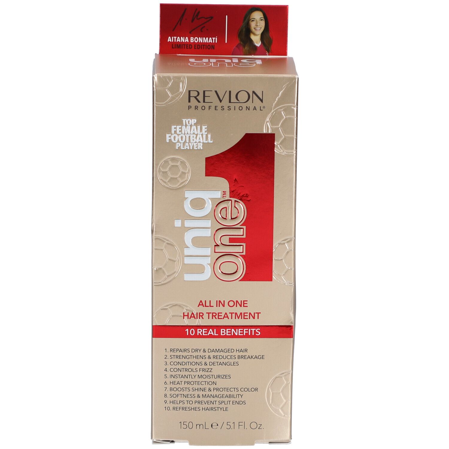 Produit et emballage. Flacon rouge avec vaporisateur noir. Inscription: Uniq One, All in One Hair Treatment. Revlon Professional.