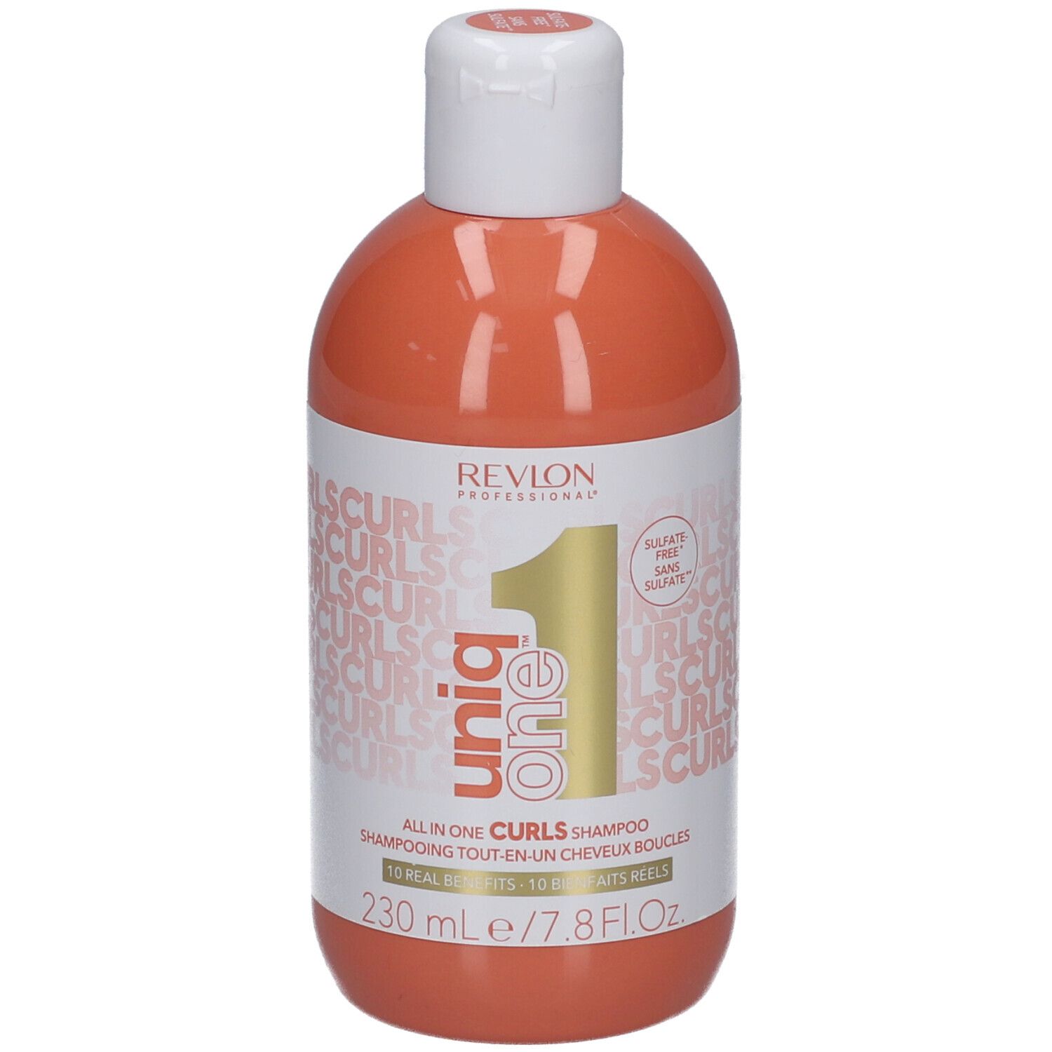 Orangefarbene Flasche mit weißem Deckel. Aufschrift: Revlon Professional, Uniq One Curls Shampoo. 230 ml. Sulfate Free.