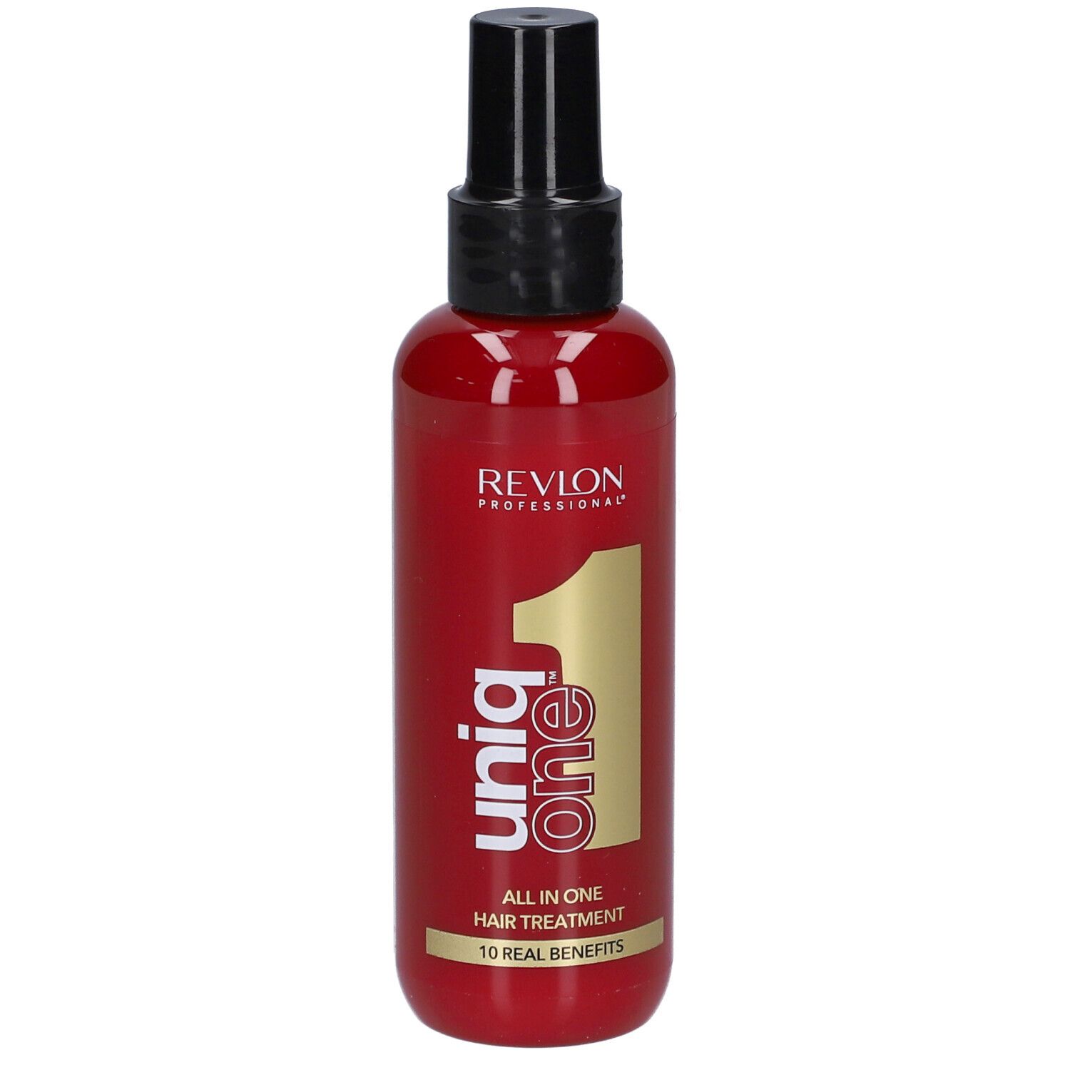 Flacon rouge avec vaporisateur noir. Inscription : Revlon Professional Uniq One, All in One Hair Treatment.