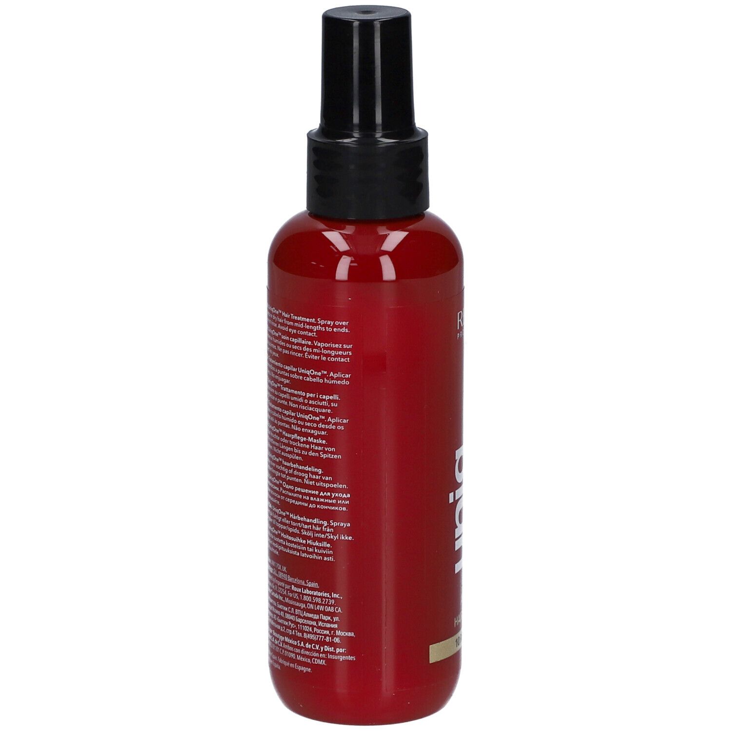 Flacon rouge avec vaporisateur noir. Dos avec texte. Revlon Professional Uniq One Hair Treatment.