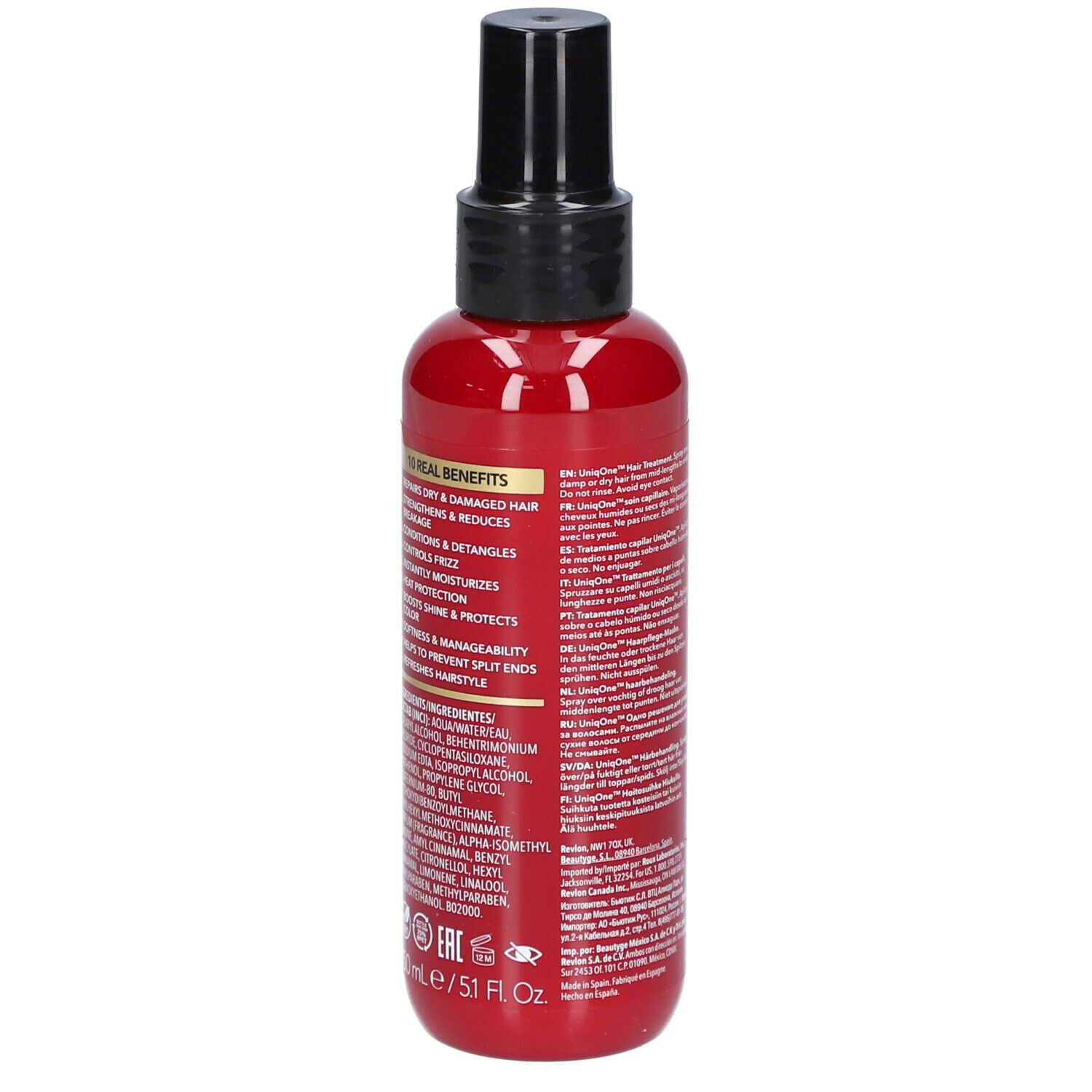 Flacon rouge avec vaporisateur noir. Dos avec texte et ingrédients. Revlon Uniq One.