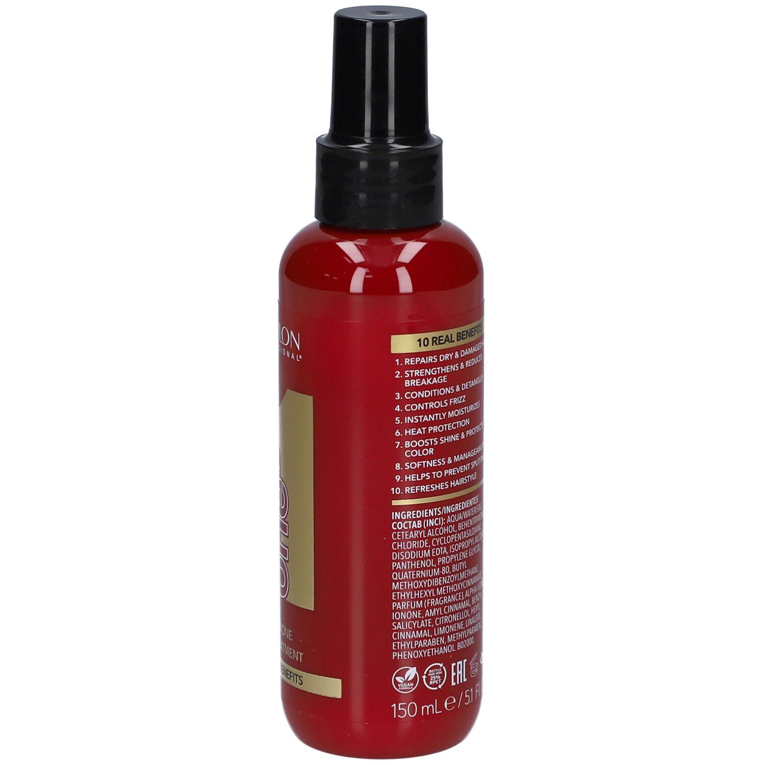 Flacon rouge avec vaporisateur noir. Dos avec texte. Revlon Uniq One Hair Treatment, 150 ml.