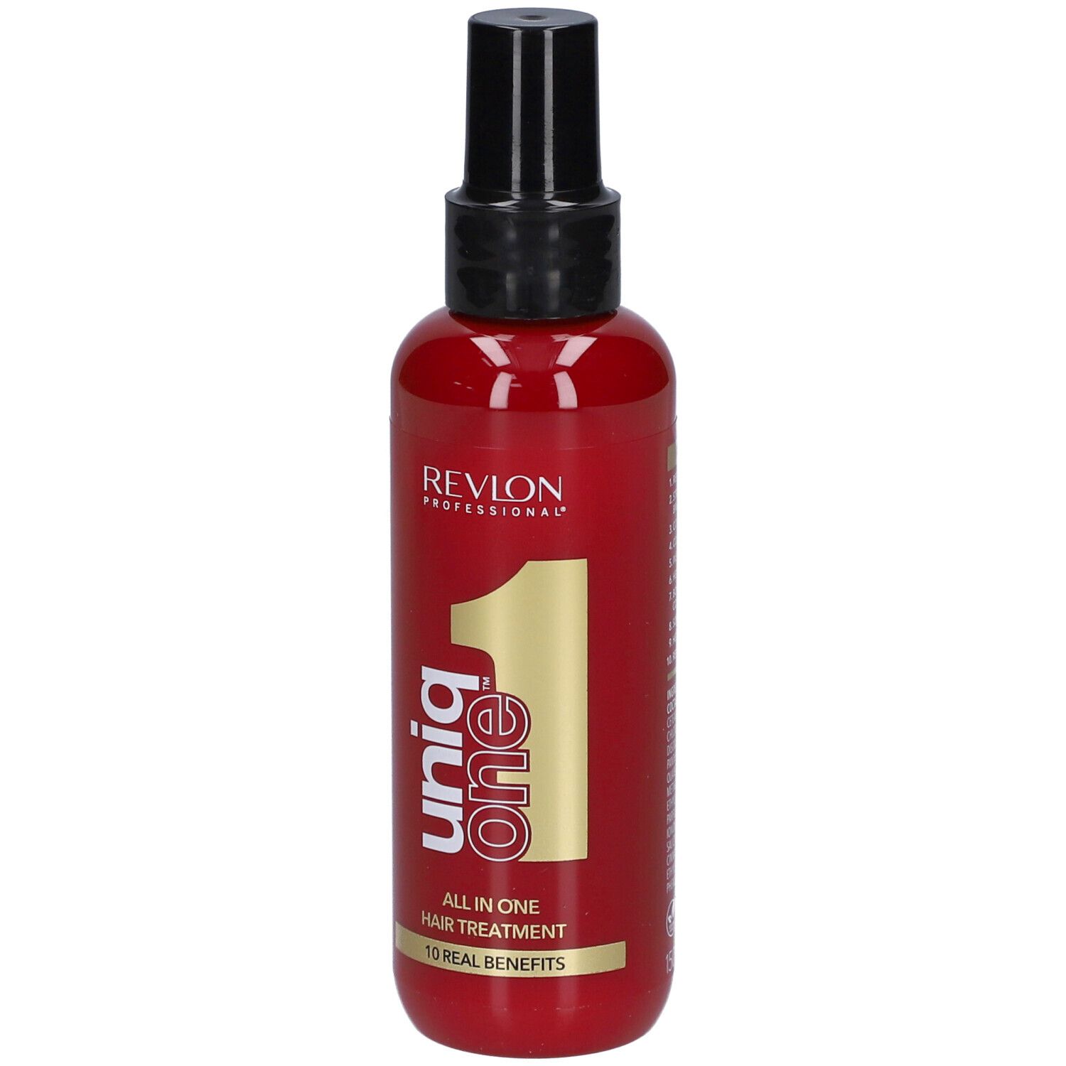 Flacon rouge avec vaporisateur noir. Inscription : Revlon Professional Uniq One, All in One Hair Treatment.