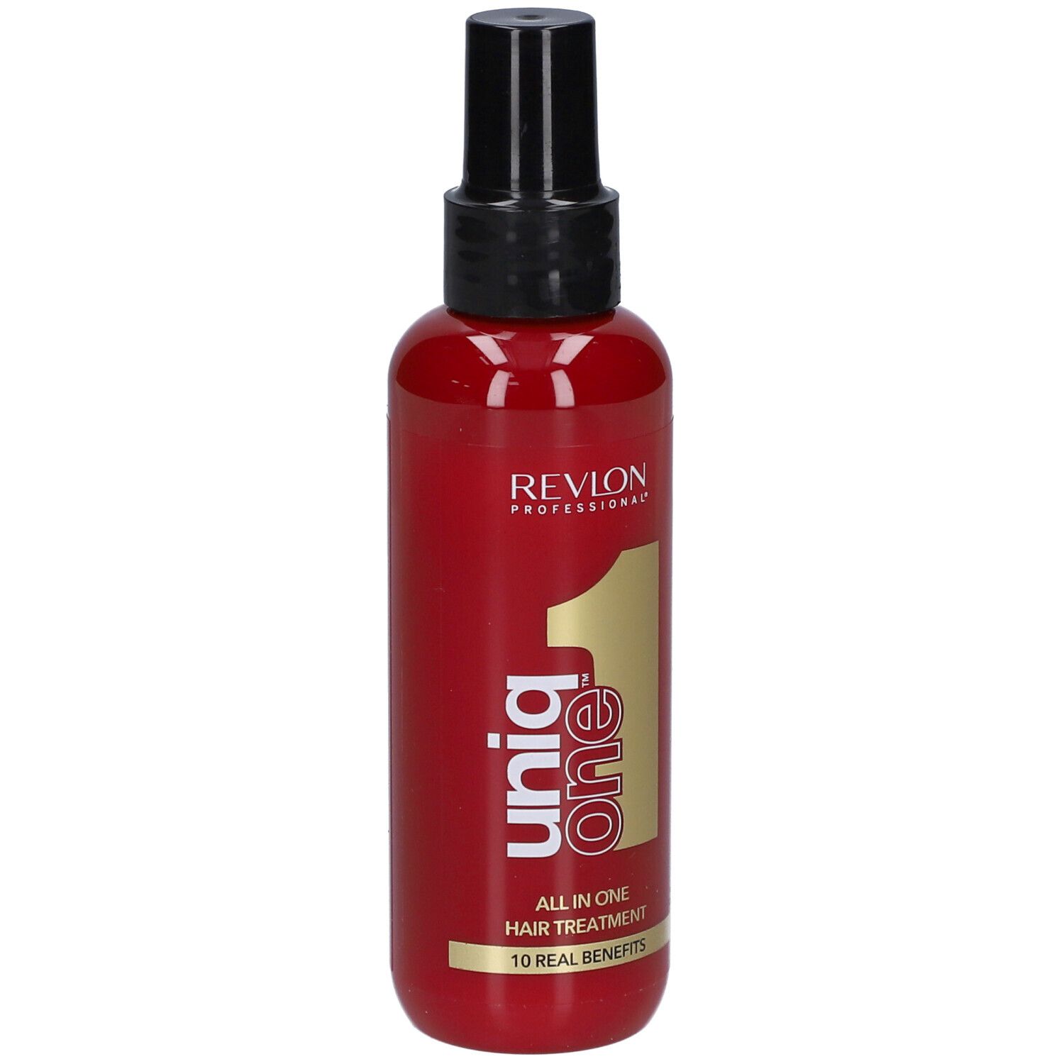 Flacon rouge avec vaporisateur noir. Inscription : Revlon Professional Uniq One, All in One Hair Treatment.
