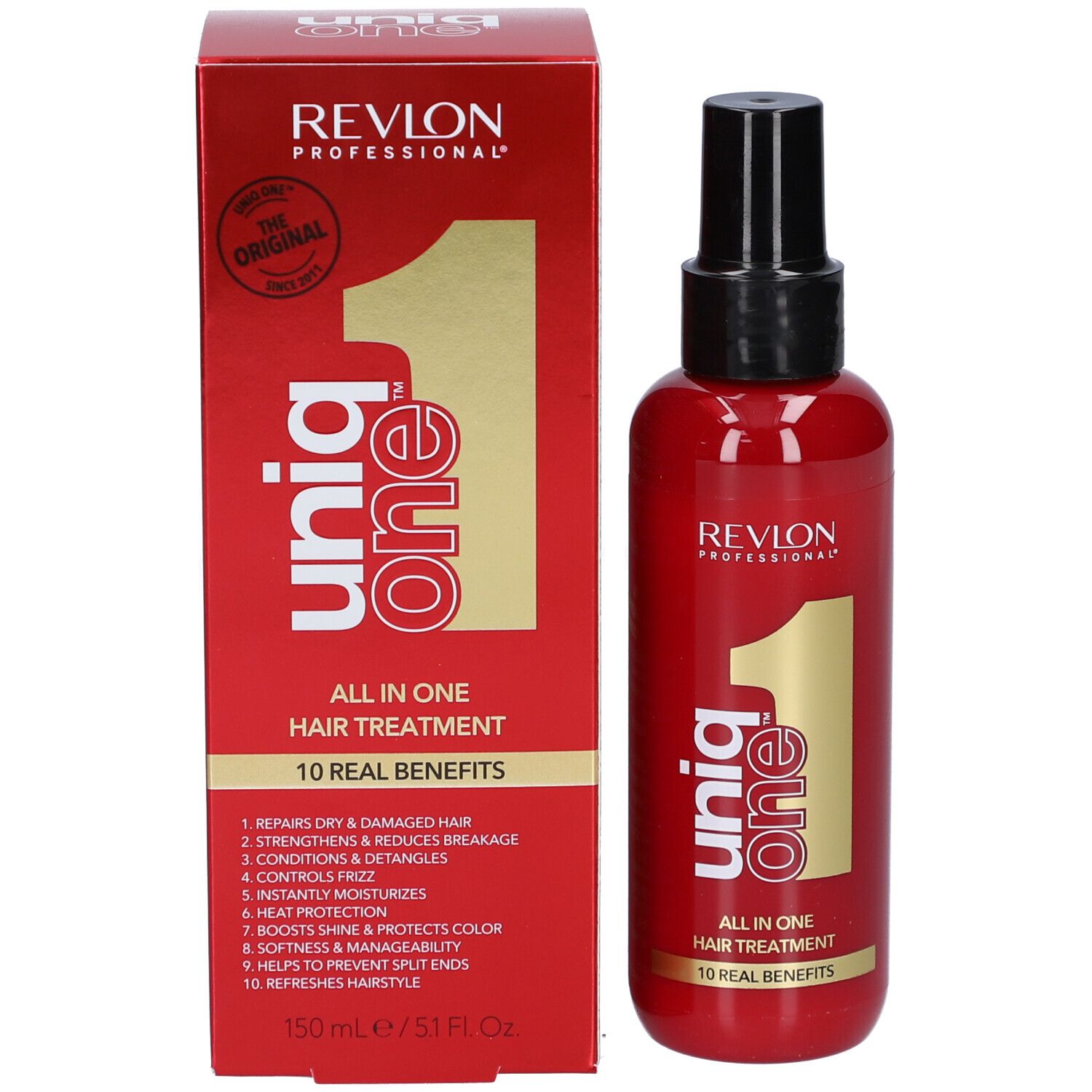 Boîte et flacon rouges. Inscription : Revlon Professional Uniq One, All in One Hair Treatment. 150 ml.