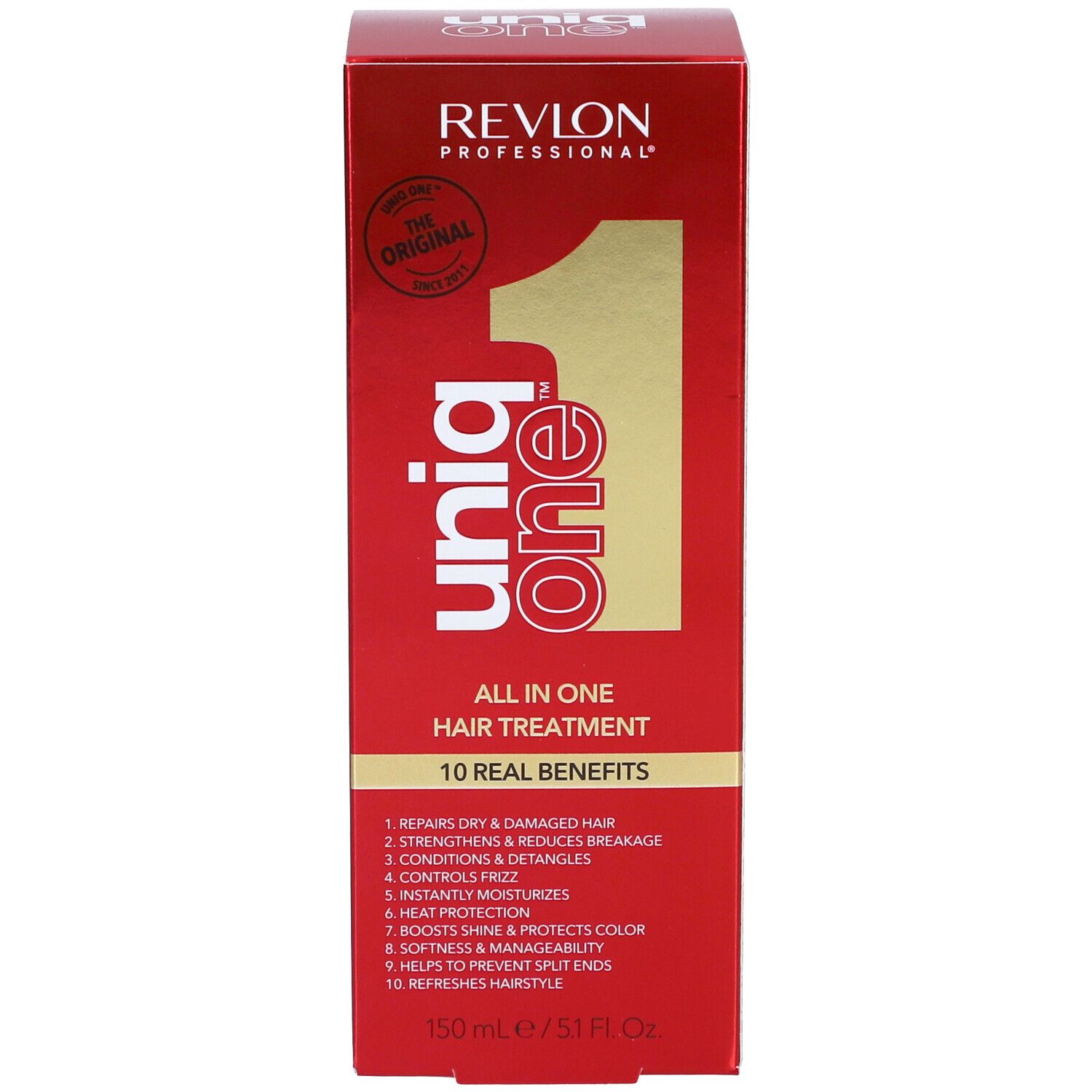Boîte et flacon rouges. Inscription : Revlon Professional Uniq One, All in One Hair Treatment. 150 ml.